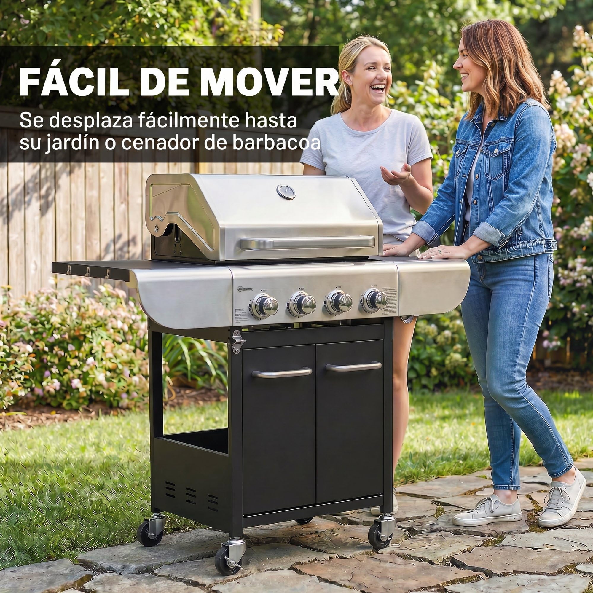 Outsunny Barbacoa de Gas BBQ Gas con 4 Quemadores 12,8 kW Barbacoa Portátil con Termómetro Mesas Laterales Armario Rejilla Calentadora Acero Parrillas de Hierro Fundido Recogedor Grasa 4 Ruedas Negro