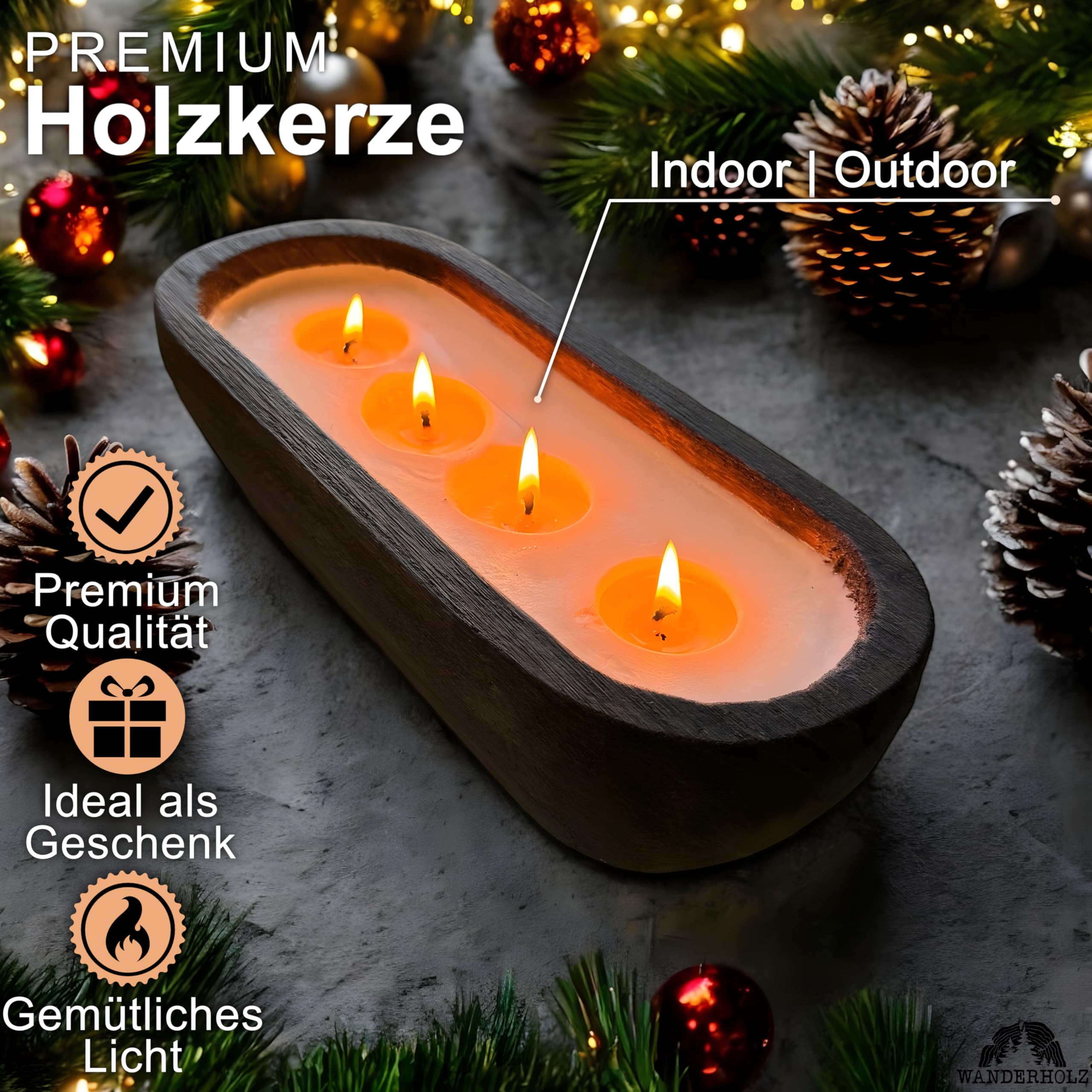 Sojawachskerze - Vierdochtkerze - Nachhaltige Mehrdochtkerze mit Sojawachs Kerzenwachs in einer Paulownia Holz Holzschale - Sojakerze Kerzen Groß Deko Wohnzimmer Kerze Dekoration Rustikal