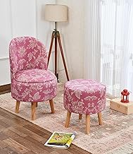 NACIA Printed Ottoman Pouffe Chair Stool Combo for Living Room (18x32 Inch, Pink) - Dressing Table Mudda Puffy Stool with Wooden Legs, Modern Furniture for Sitting, Home Décor, Office, Foot Rest