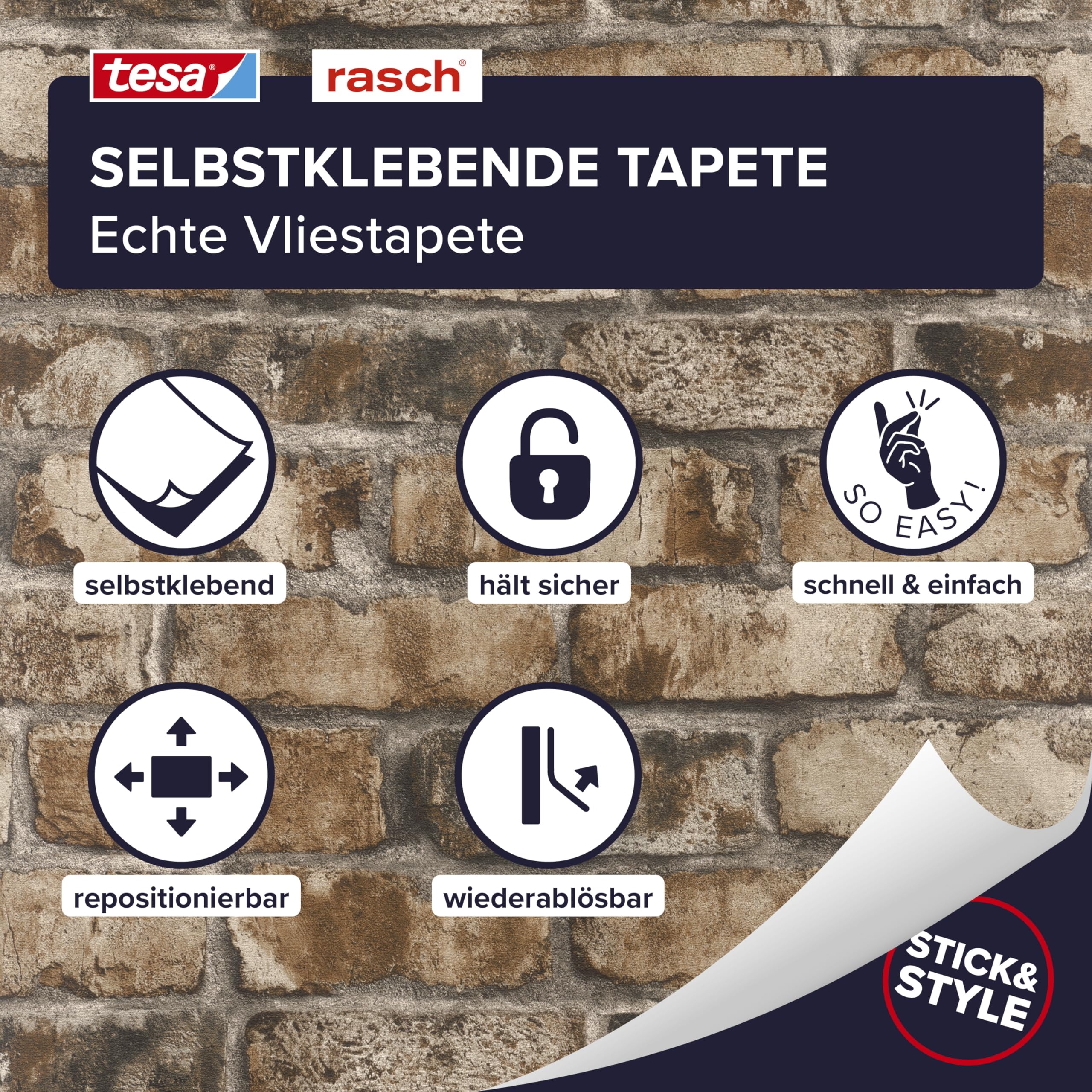 Rasch Selbstklebende Tapete Backstein Clayton - Strukturierte Vliestapete Steinoptik, Mauerwerk in Braun Beige - Einfaches Anbringen ohne Kleister mit tesa-Klebetechnologie - 6,00m x 0,53m