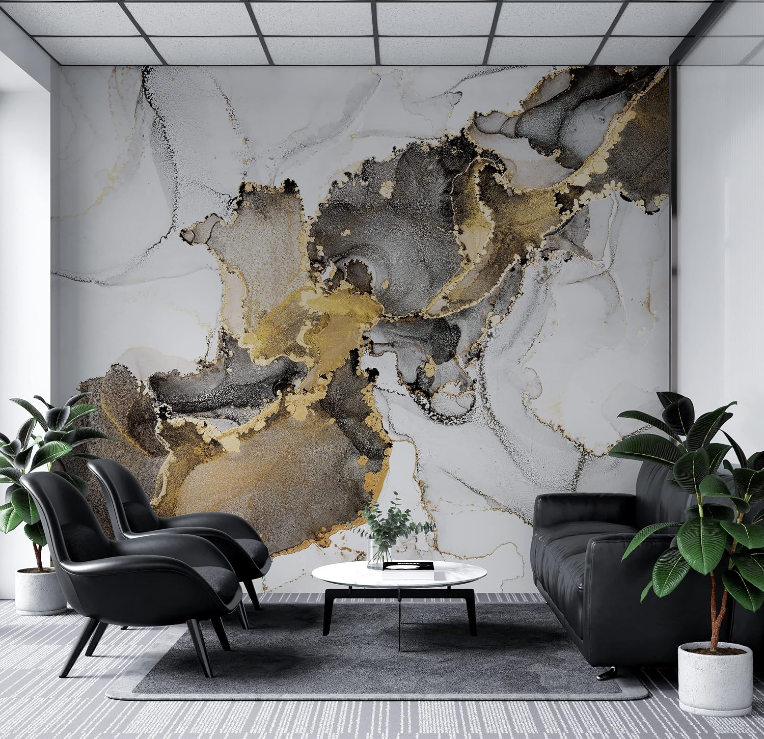 Abstract Fluid Art Painting Black Gold Look Peel and Stick Wallpaper 100''H x 150''W