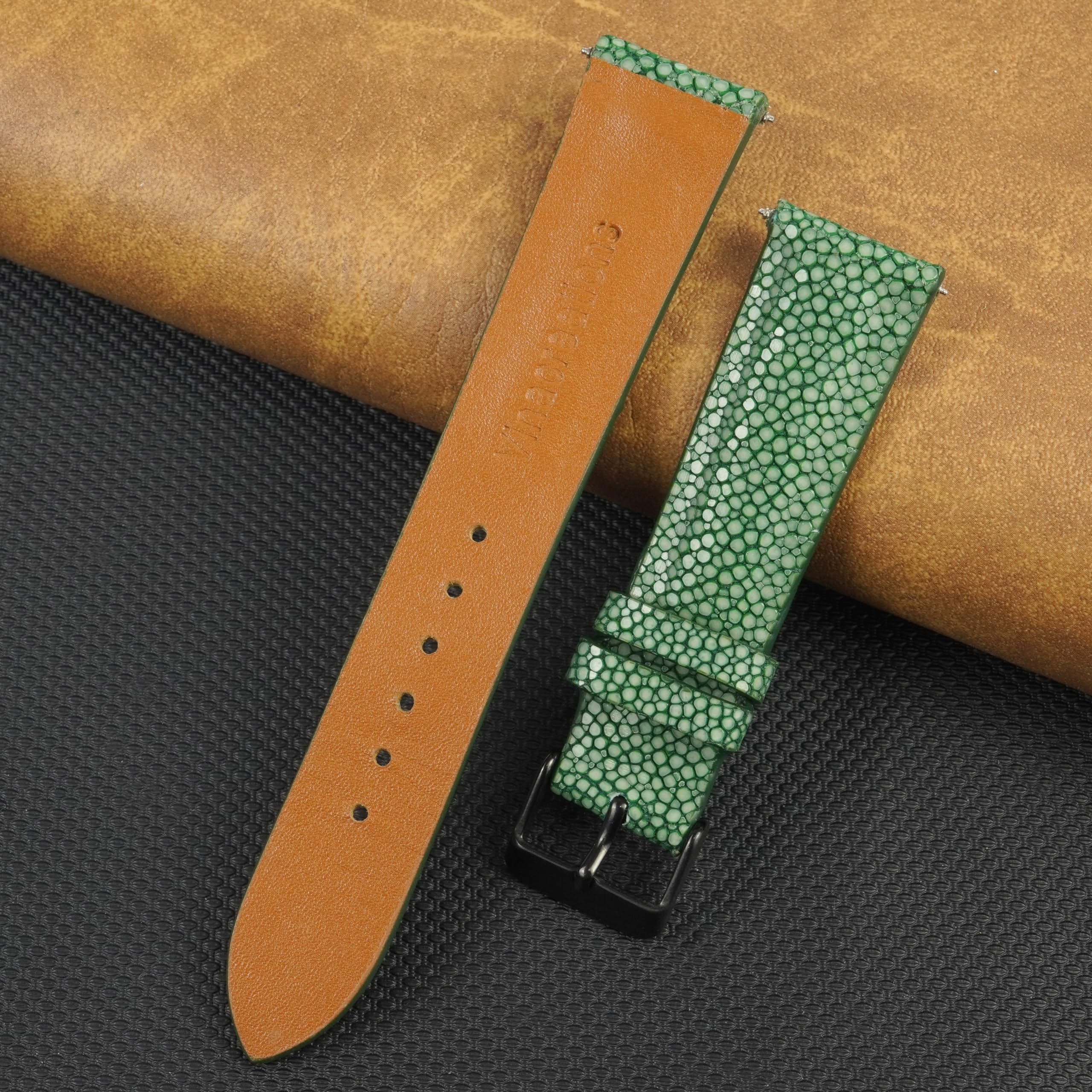 vinacreations 20mm Green Stingray Leather Watch Band Men Luxury Replacement Strap Extra Soft Handmade Wristband Stainless Steel Buckle, Father's Day Gift for Dad Son Husband DH-68B-20MM