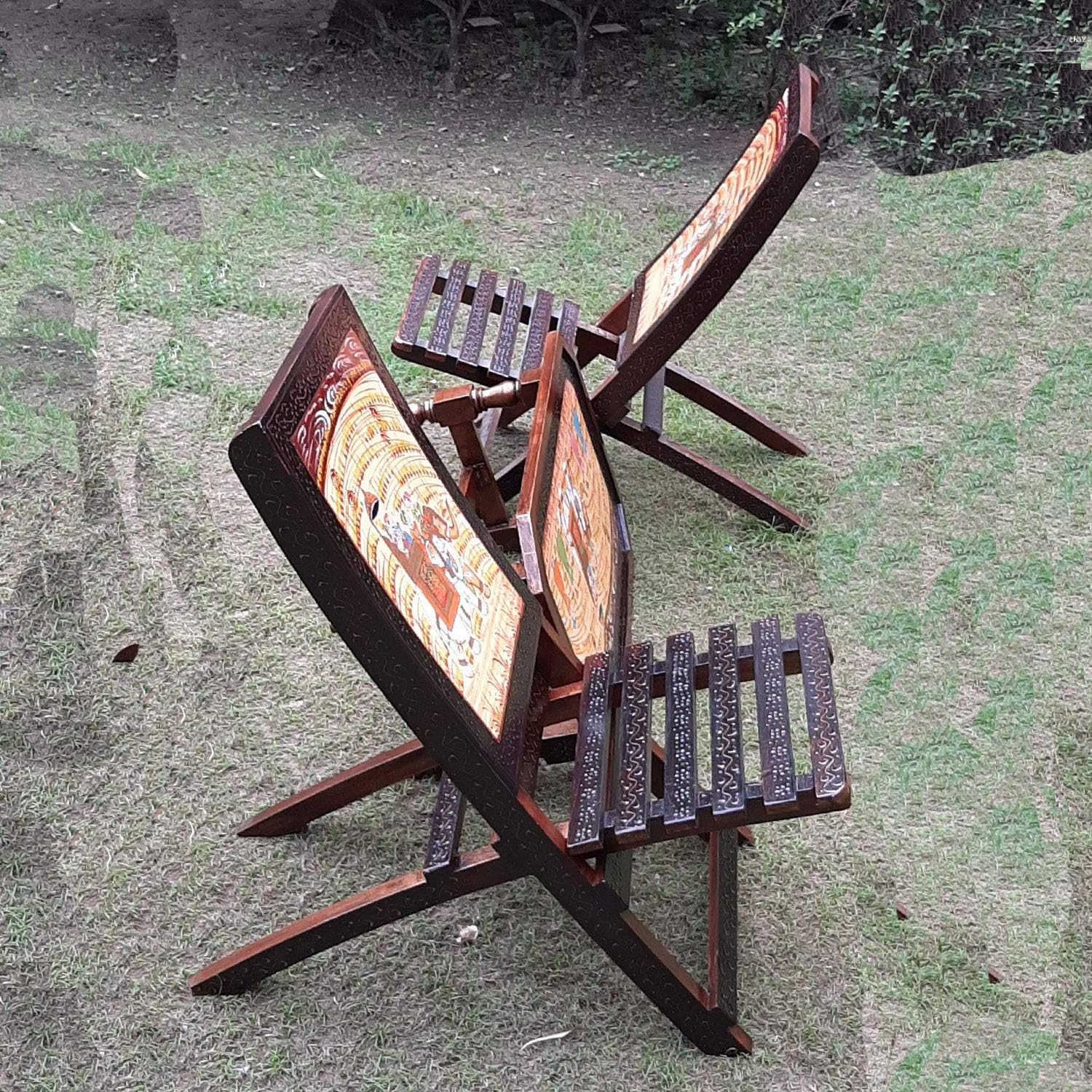 Handicraft Wooden Outdoor 2 Folding Relaxing Chairs and Table Set, Very Sturdy Excellent Finish Hand Painted by Awarded Indian Artisan (Set of 2 Chairs and Table)