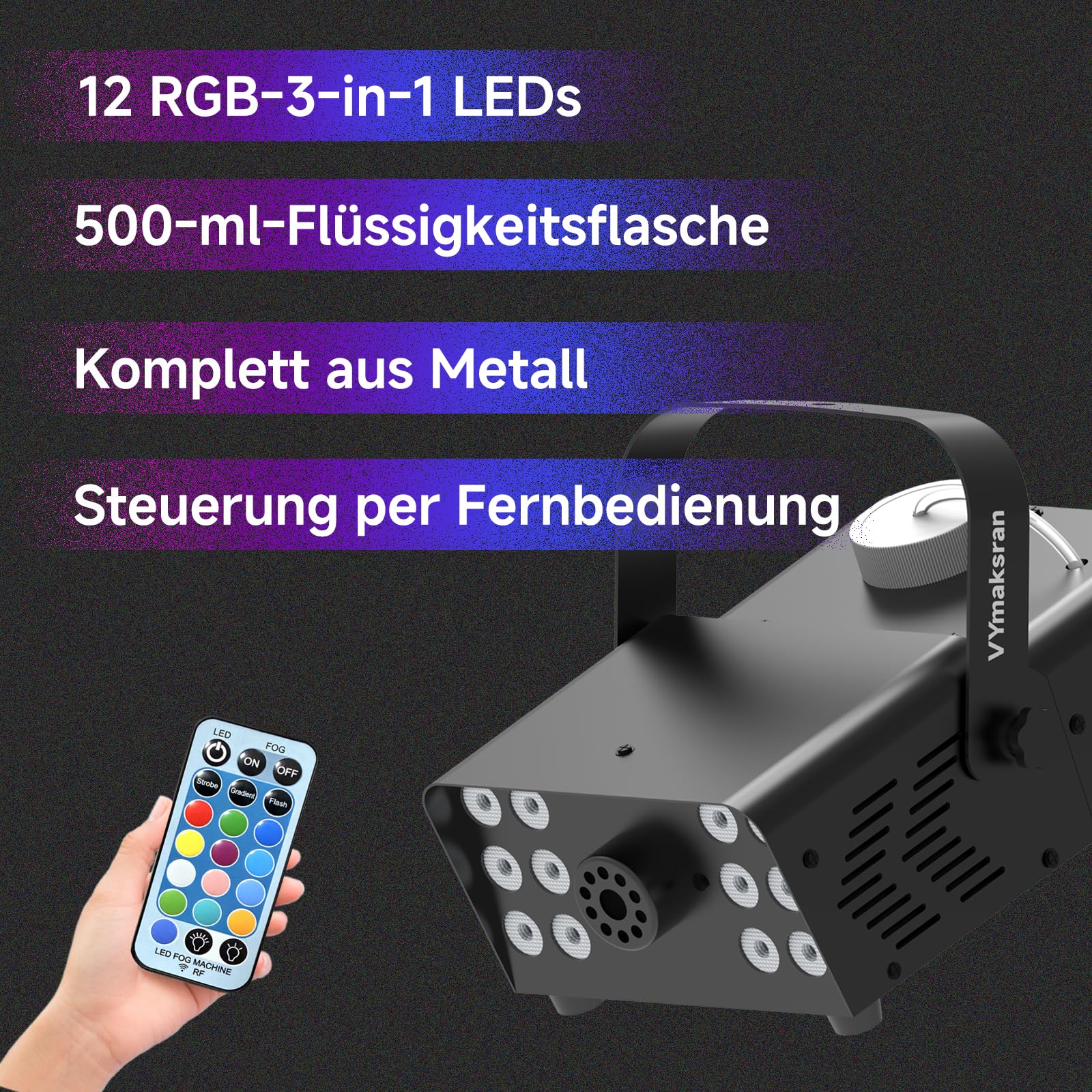 750W Nebelmaschine mit 12 RGB LEDs & kabelloser Fernbedienung, Mini Nebelmaschine mit Auto Modus & Dauernebel, tragbare Fog Machine für Halloween-Deko, Weihnachten, Hochzeit, Disco, DJ & Bühne