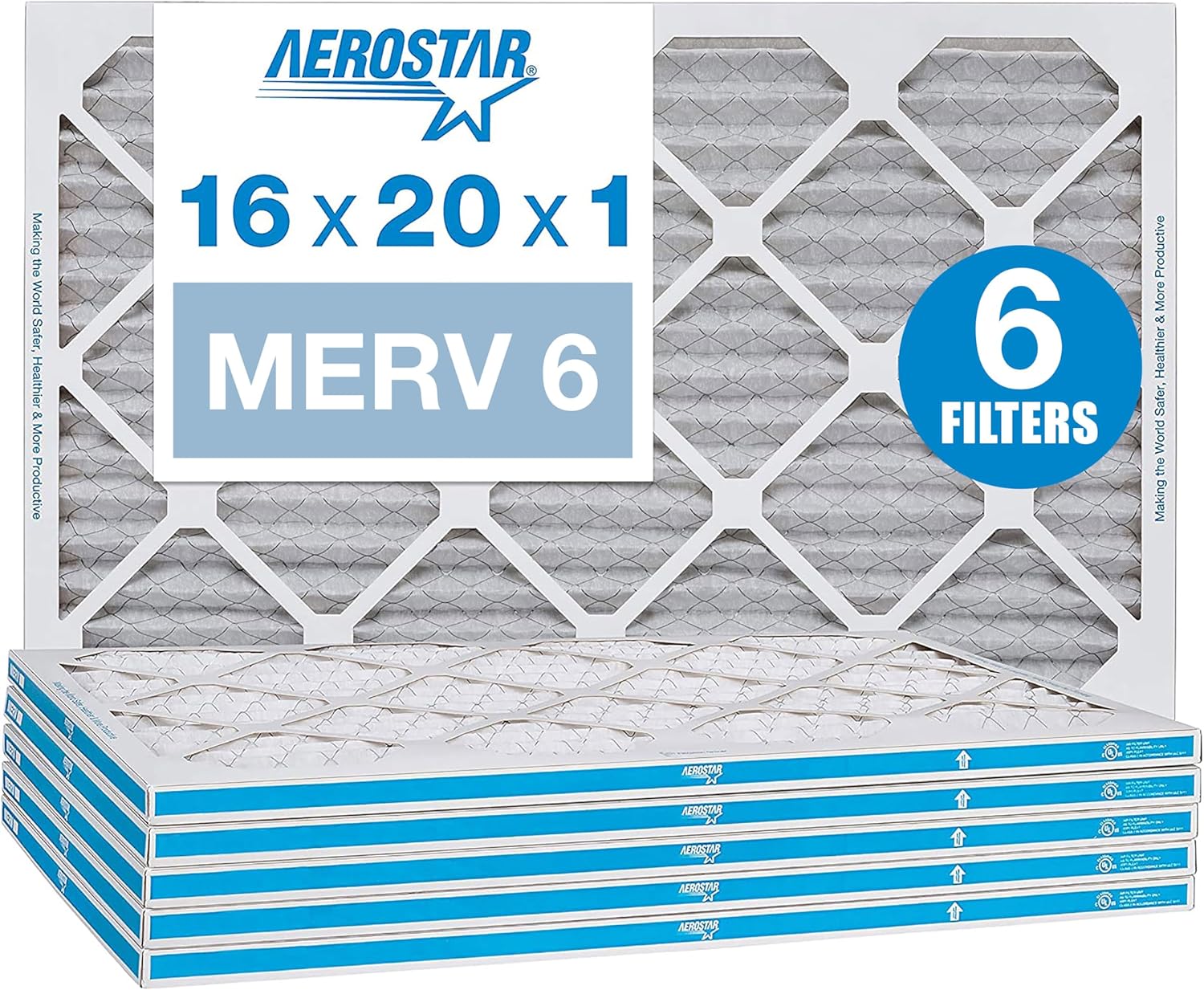 Aerostar 16x20x1 MERV 6 Pleated Air Filter, AC Furnace Air Filter, 6 Pack (Actual size 15 3/4"x 19 3/4" x 3/4") Air Filter 16x20x1