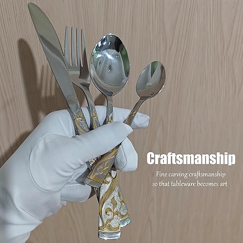 Miniatura 5 de Juego de cubiertos dorados de 80 piezas de acero inoxidable dorado para 18, juego de vajilla plateada con borde chapado en oro, utensilios para
