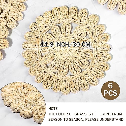 Miniatura 2 de Juego de 6 manteles individuales redondos tejidos de 11.8 pulgadas, hechos a mano, hechos a mano, de ratán natural, bohemio, tejido de ratán,