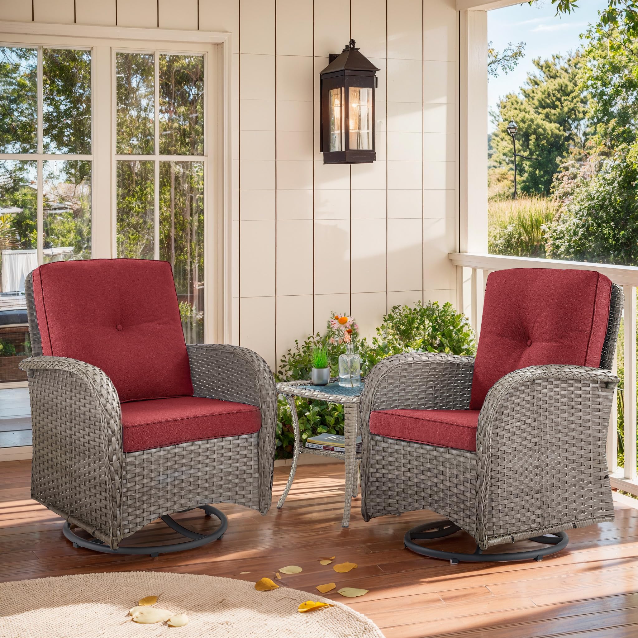 Artfurniz Outdoor Swivel Glider Rocker Chairs - 3 Piece Wicker Patio Furniture Set, All Weather Patio Bistro Sets with Glass Side Table for Balcony Porch Deck Backyard - Grey Wicker Red Cushion