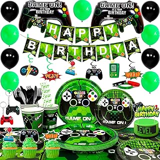 Video Game Party Supplies-194pcs Video Game Party Decorations for Boys Kids Gamer Includes Video Game Theme Party Table Cover Plates Cups Napkins Balloons Banner Hanging Swirls ect Gaming Party Favors