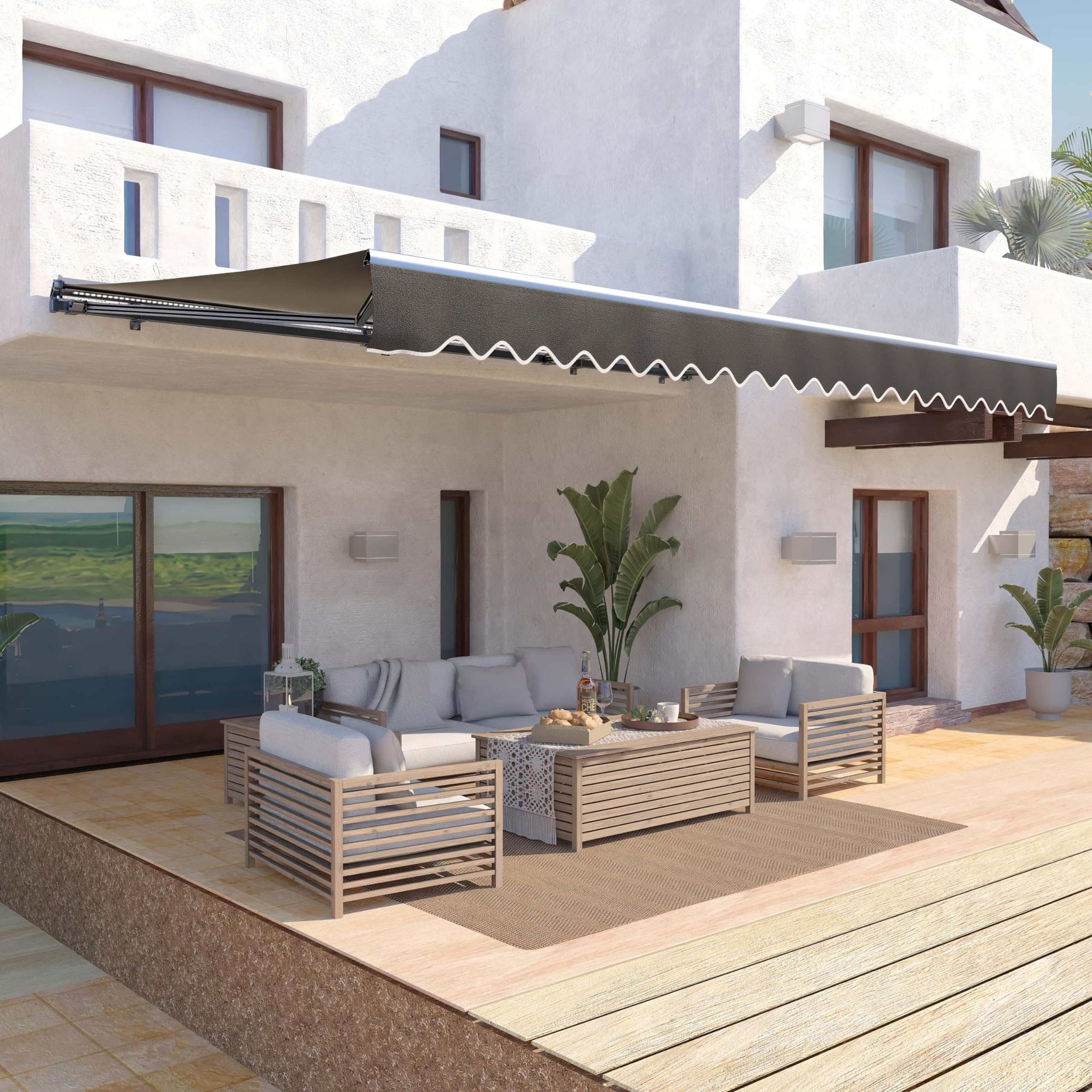 ALEKO Patio Awning | Luxury Remote Controlled Automatic Retractable Half Cassette | LED Lights | Motorized Canopy Upgraded 2024 | 20x10 | Black