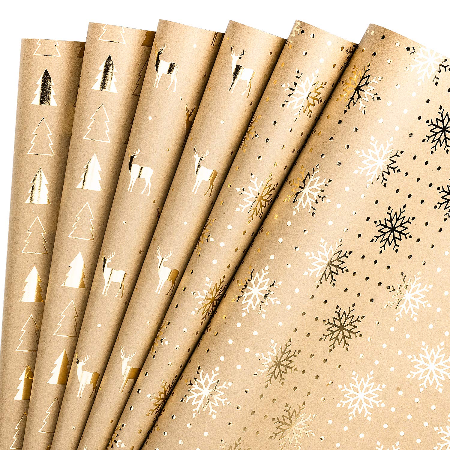 RUSPEPA Wrapping Paper Sheets Kraft Paper - Gold Foil in Christmas Tree and Reindeer Design - 44.5 x 76 cm per sheet, total 6 sheets, packed in 1 roll