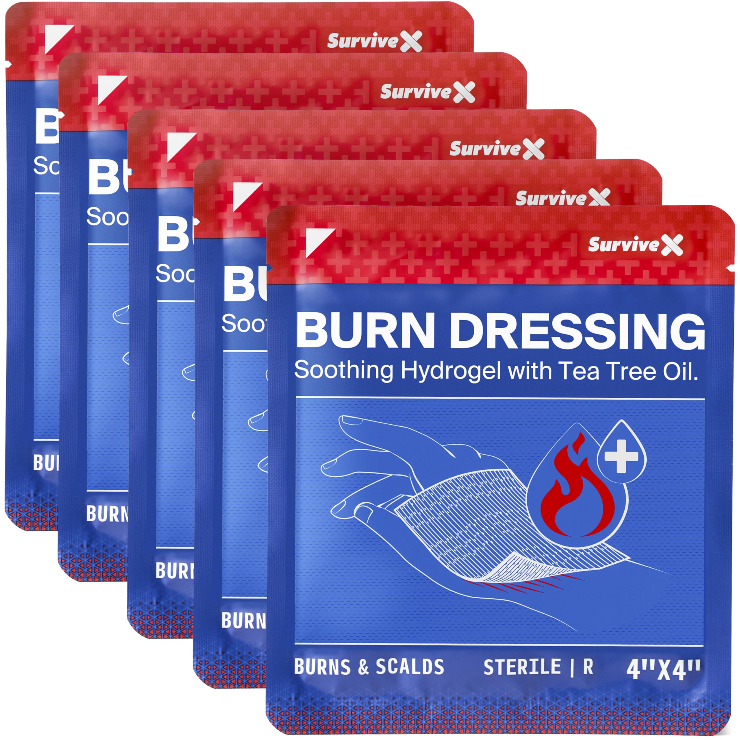 SurviveX Hydrogel Burn Dressings with Tea Tree Oil - 4x4" Sterile Non-Stick Burn Pads - Emergency First Aid for Instant Cooling, Soothing & Relief - 5