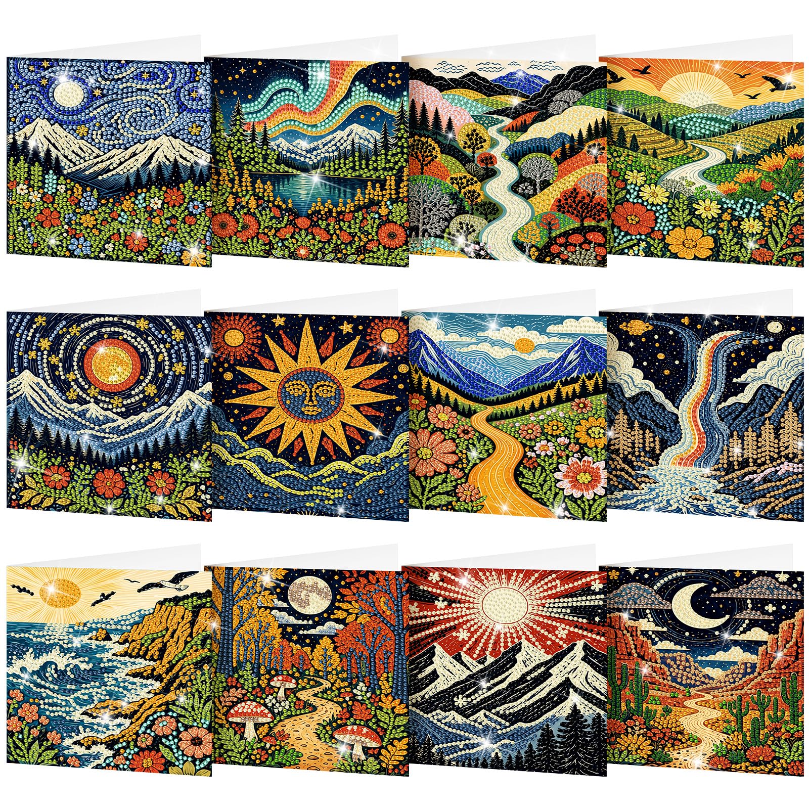 Saillong 12 Pcs Boho Abstract Diamond Painting Greeting Cards with Envelope
