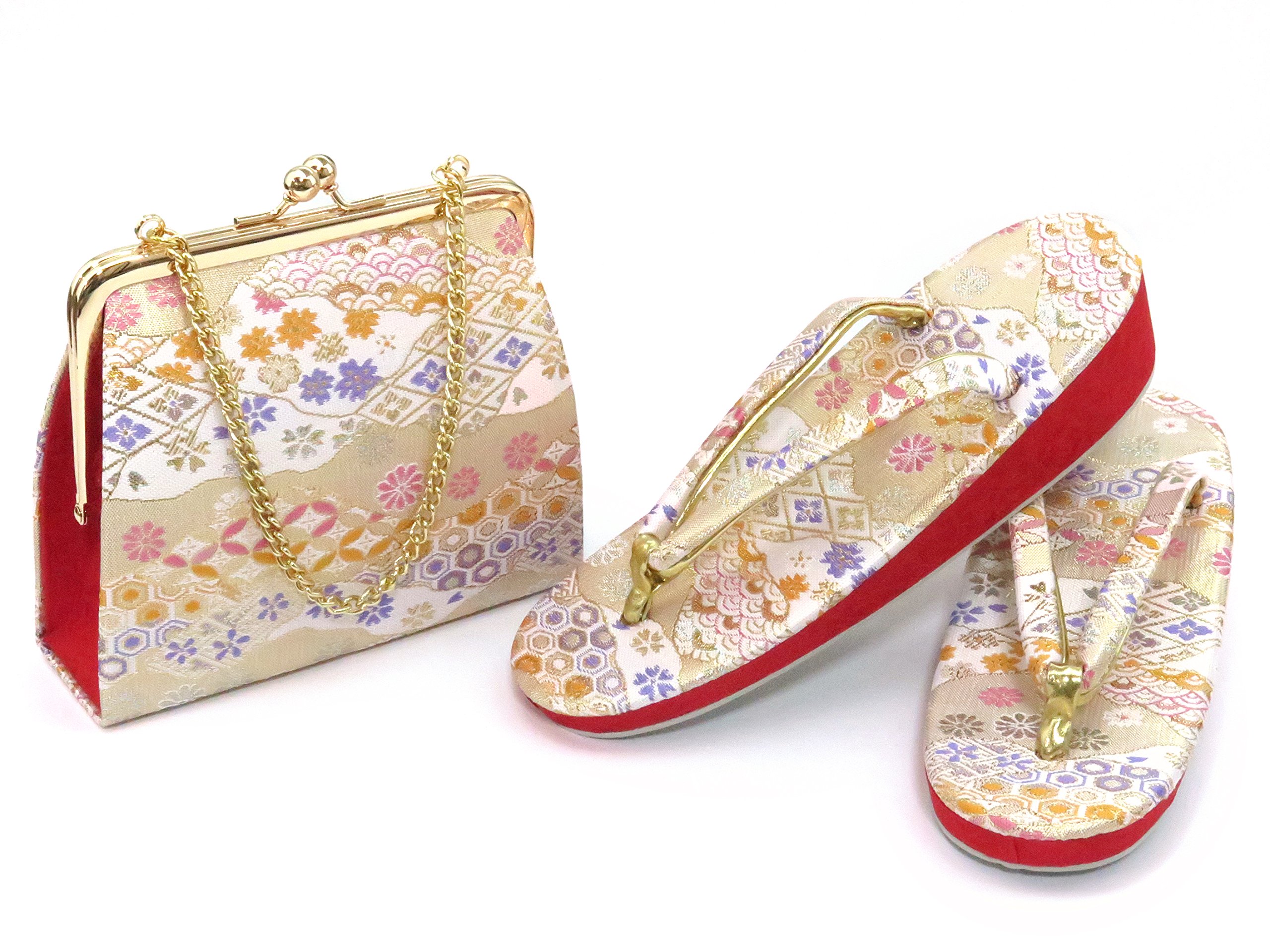 京のみやび] 女の子草履バッグセット 金/ピンク 織生地 7才(21cm