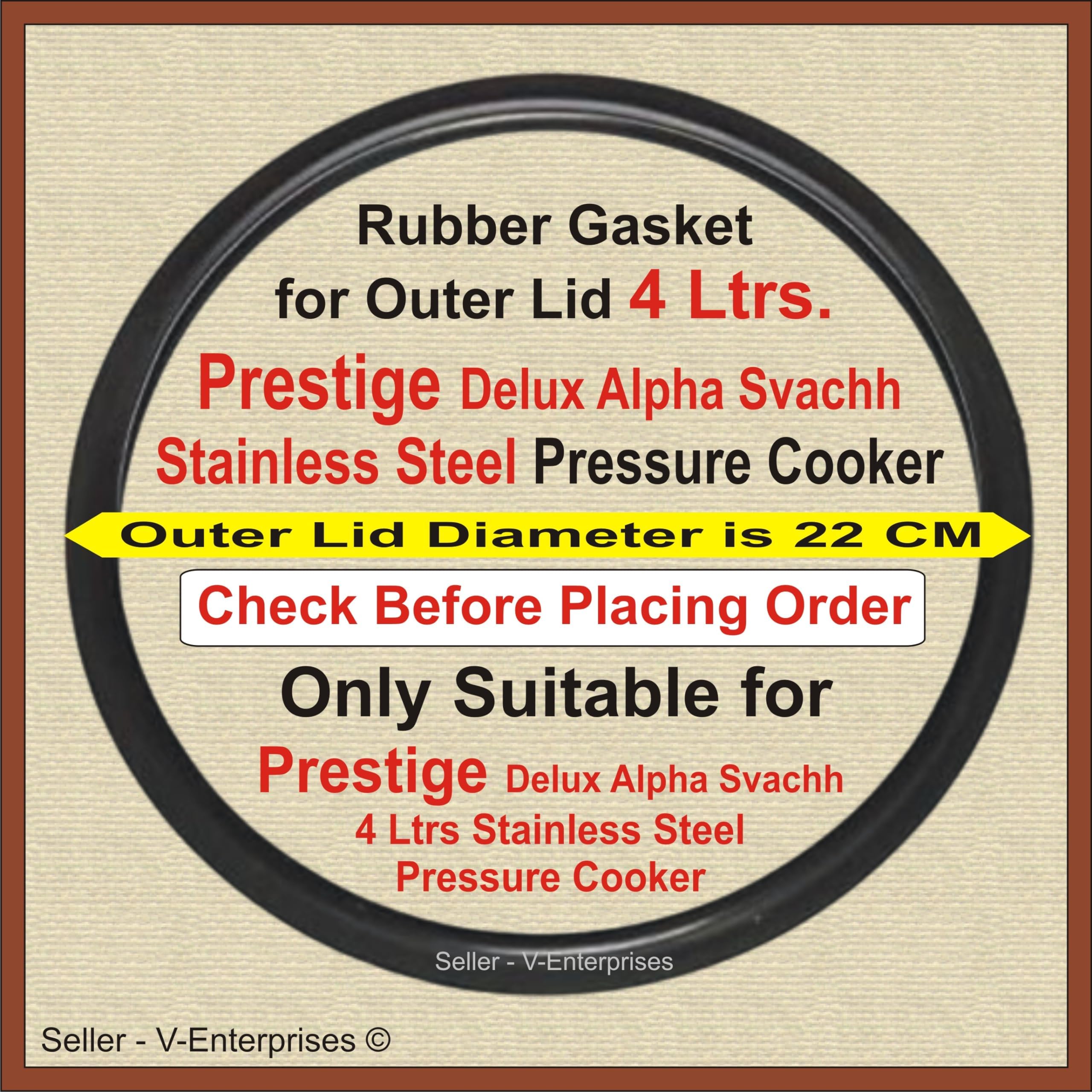 Outer Lid Rubber Gasket compatible for 4 Litre Prestige Delux Alpha Svachh Stainless Steel Pressure Cooker. Outer Lid Dimeter is 22 cm (Packof 1) (Black Color)