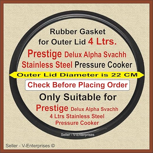 Outer Lid Rubber Gasket for 4 Litre Prestige Delux Alpha Svachh Stainless Steel Pressure Cooker. Outer Lid Dimeter is 22 cm (Packof 1) (Black Color)