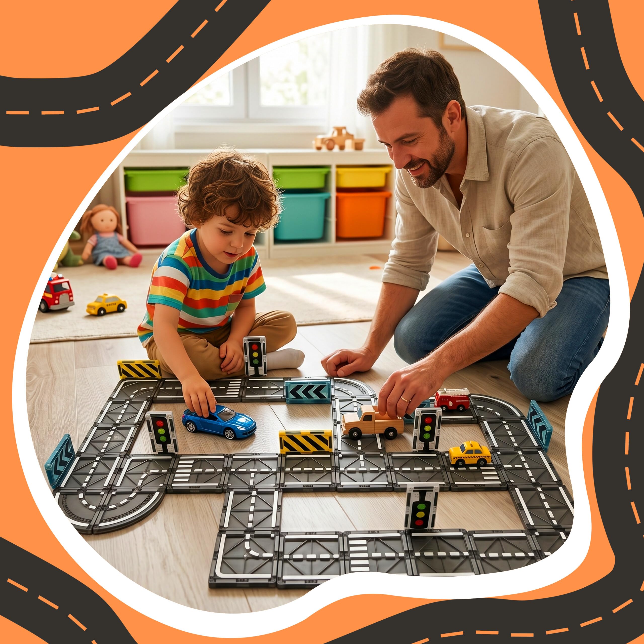 Relaxdays Set de Carreteras magnéticas, 70 Piezas, señales de tráfico, Juguete Educativo Desde 3 años, ABS, Negro