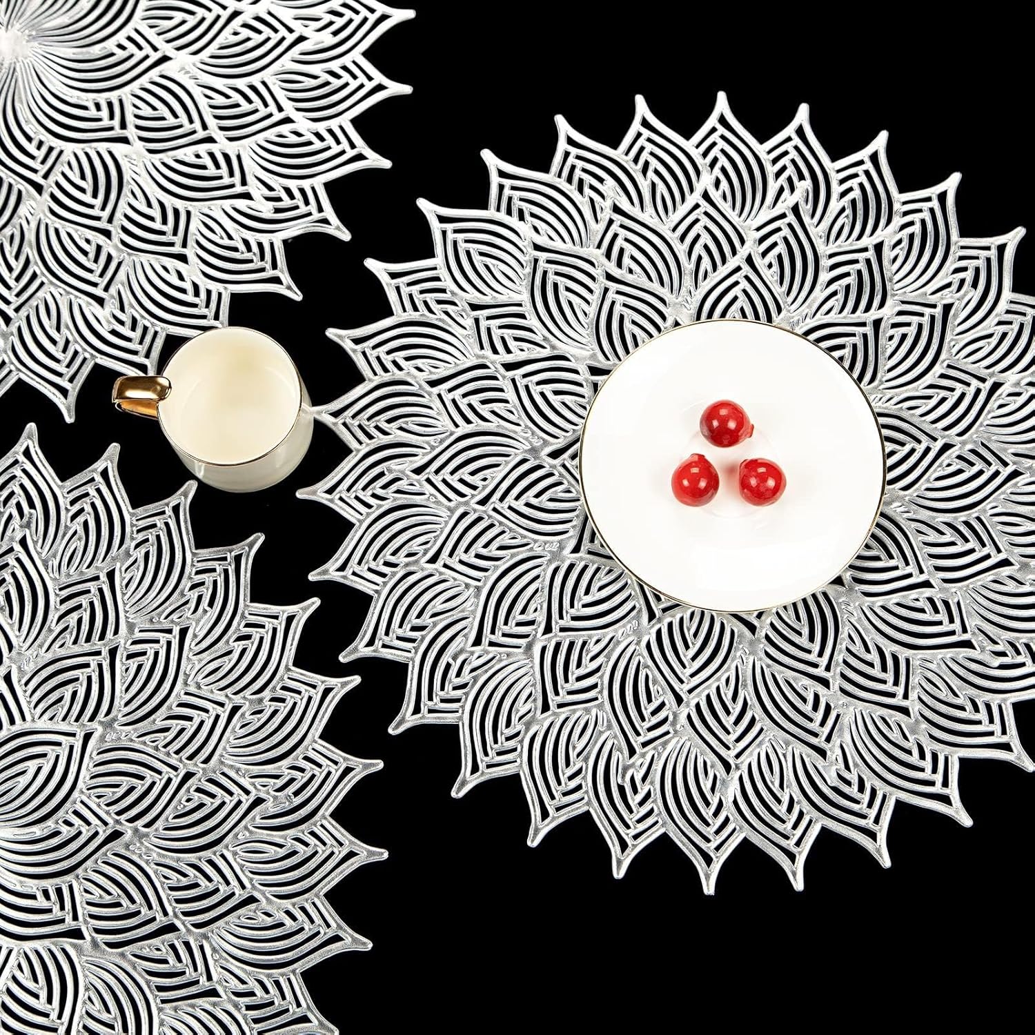 Gold-Stamped Placemats Heat-Insulated Western- Table Mats Hollow Hotel Coasters for Kitchen Dining Room(White-Fruit peach5)
