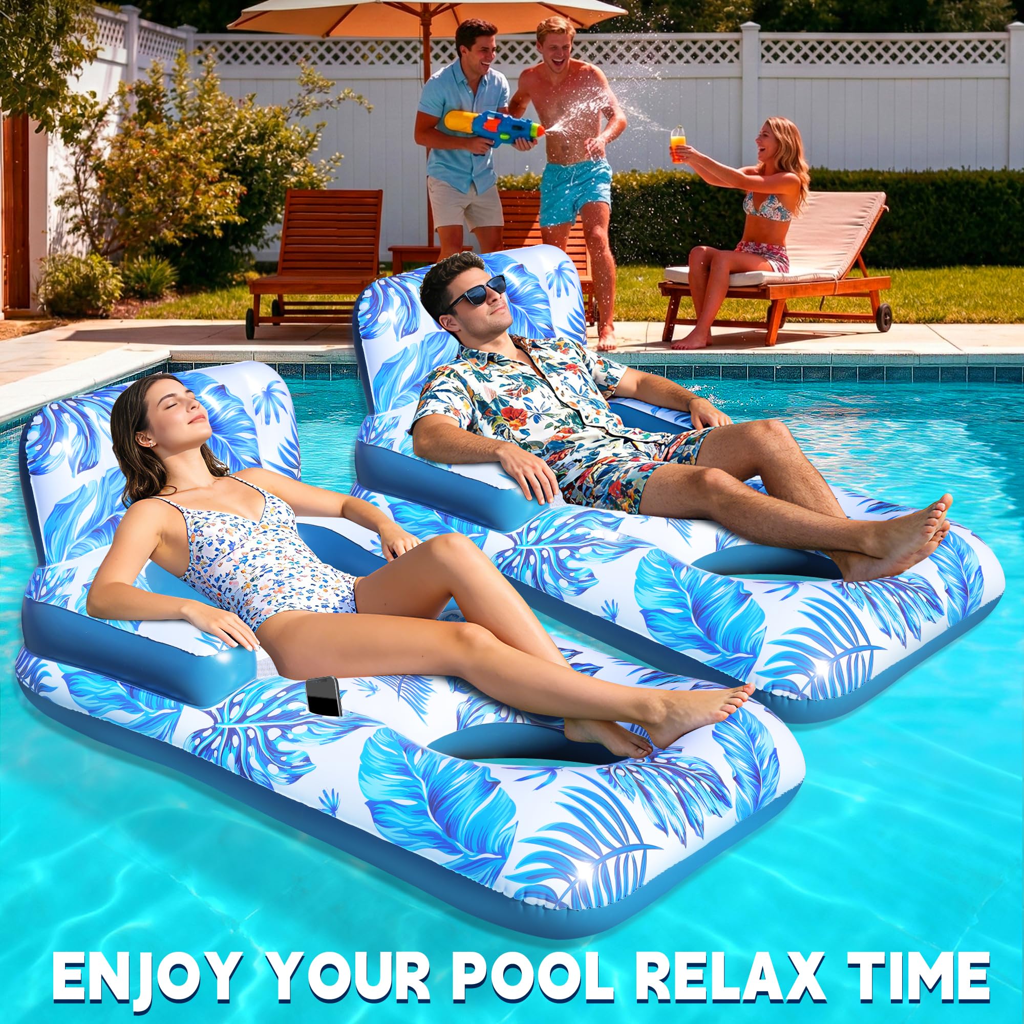 ChlorBlu Colchoneta Piscina Adultos,Flotadores Piscina con Soportes para Vasos y Teléfono,Hinchable para Piscina con Reposacabezas,Respaldo y Reposapiés,Engrosada Sillon Hinchable Piscina de Bronceado