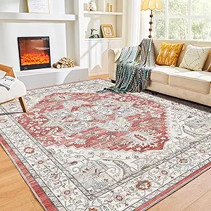 OPPODREAM 8x10 Area Rugs, Soft Area Rugs 8x10, Washable Carpet 8 x 10 with Non Slip Backing, Faux Cashmere Low-Pile 8 x 10 Carpet, Red & Grey