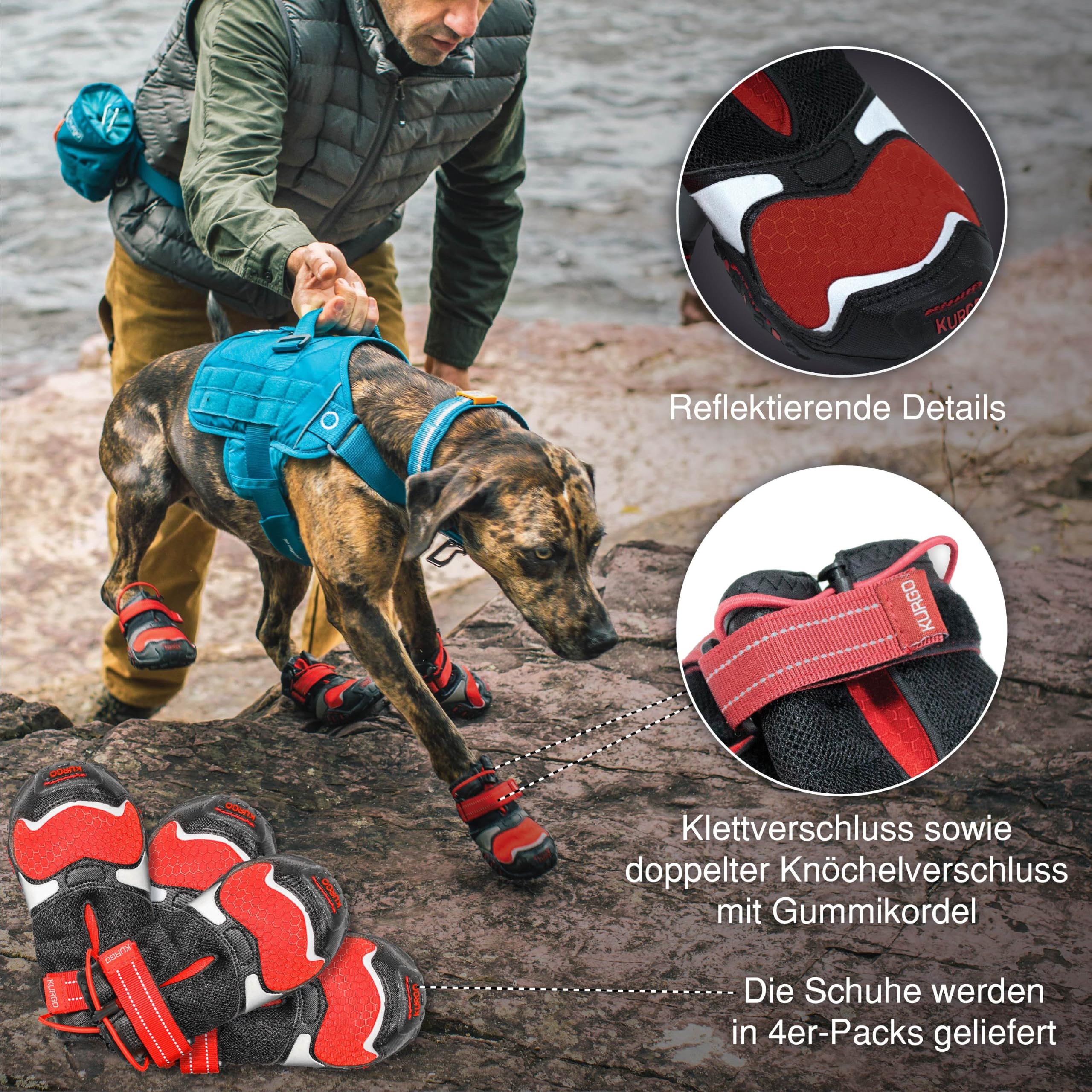 Kurgo Blaze Hunde-Stiefel - Für jede Jahreszeit - Atmungsaktives Material - Wasserabweisende Hundeschuhe - Doppelte Knöchelverschlüsse - Reflektierende Stiefel - Chilirot/Schwarz - M