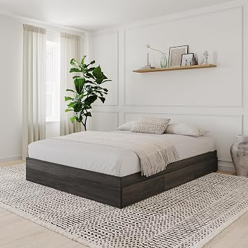 Nexera Grey Queen Size Storage Platform Bed, 3-Drawer, Bark