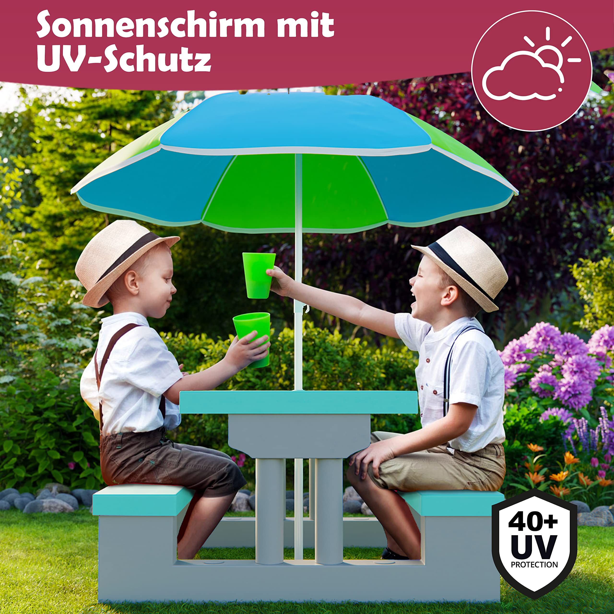Spielwerk® Kindersitzgruppe Sonnenschirm UV Schutz Stecksystem Waschbar ABS Kunststoff Wetterfest Mint Outdoor Picknicktisch Kindertisch Gartenmöbel