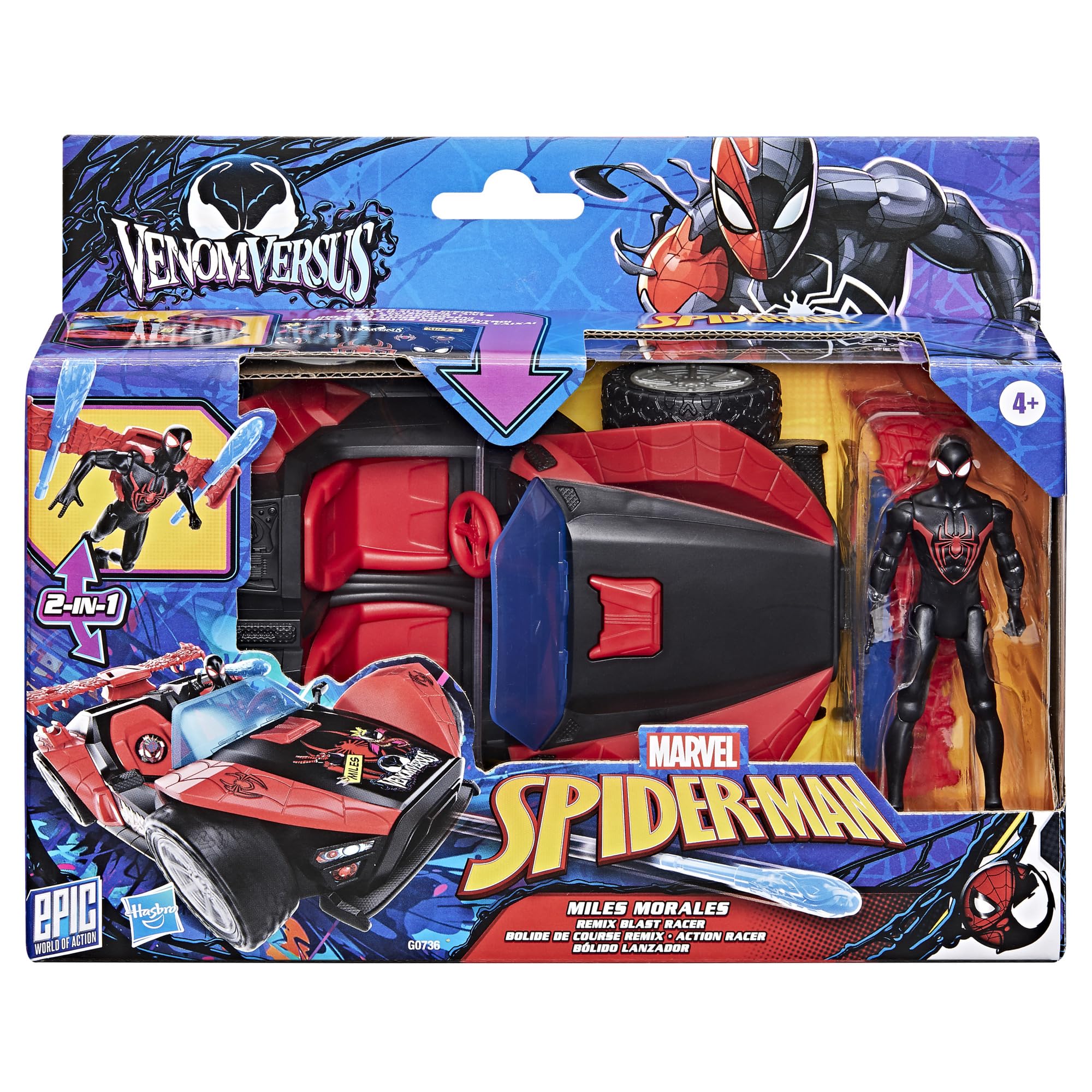 Miles Morales z kolekcji Marvel Spider-Man VenomVersus Epic World of Action ze strzelającą wyścigówką, figurka i zabawkowe auto, zabawki z superbohaterami, wiek: od 4 lat
