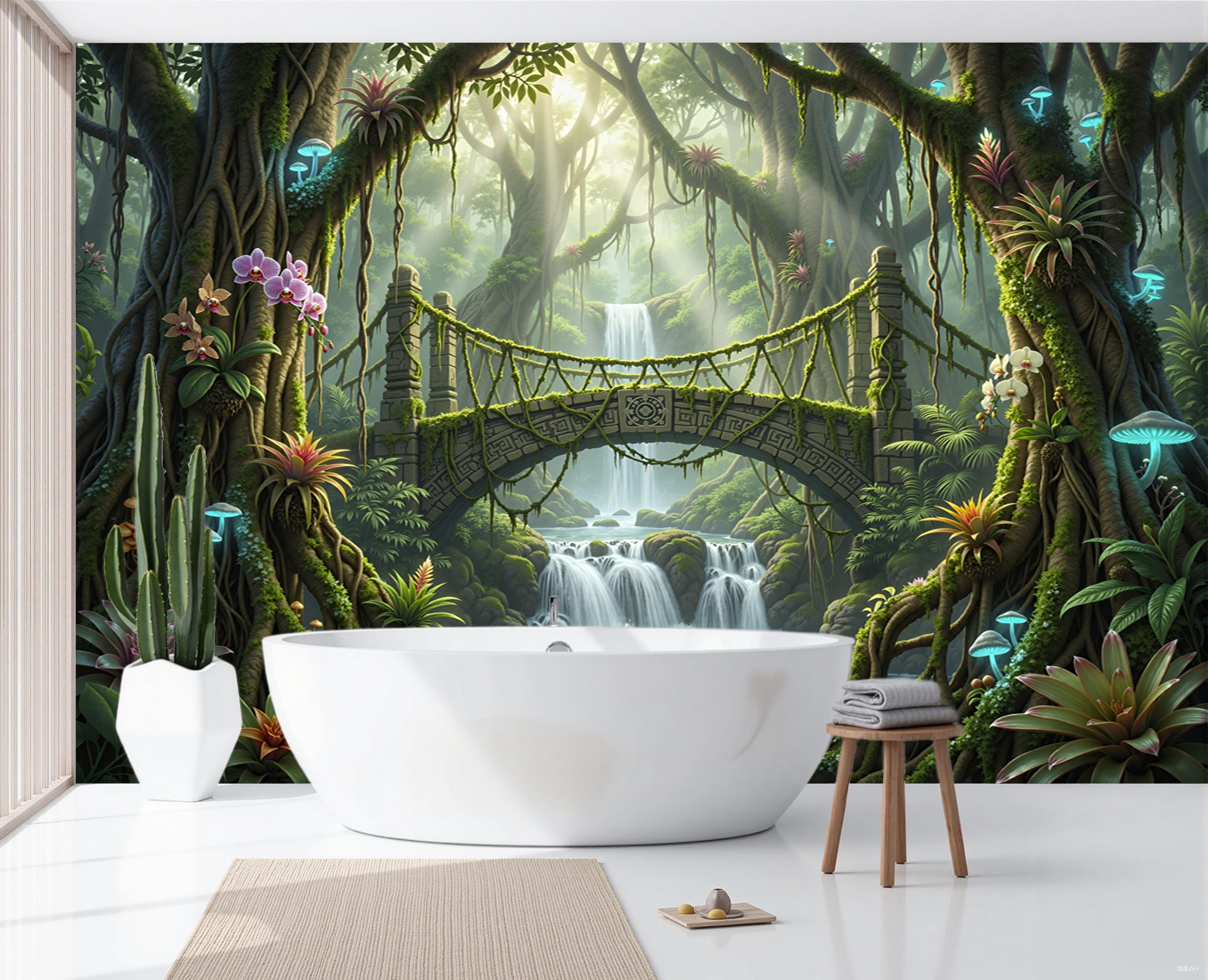 Paesaggio una foresta fantastica carta da parati 450x315cm seta da parete, Viti cascate ponte ad arco in pietra panoramiche poster carta da parati fotografica da parete per appartamentoVerde