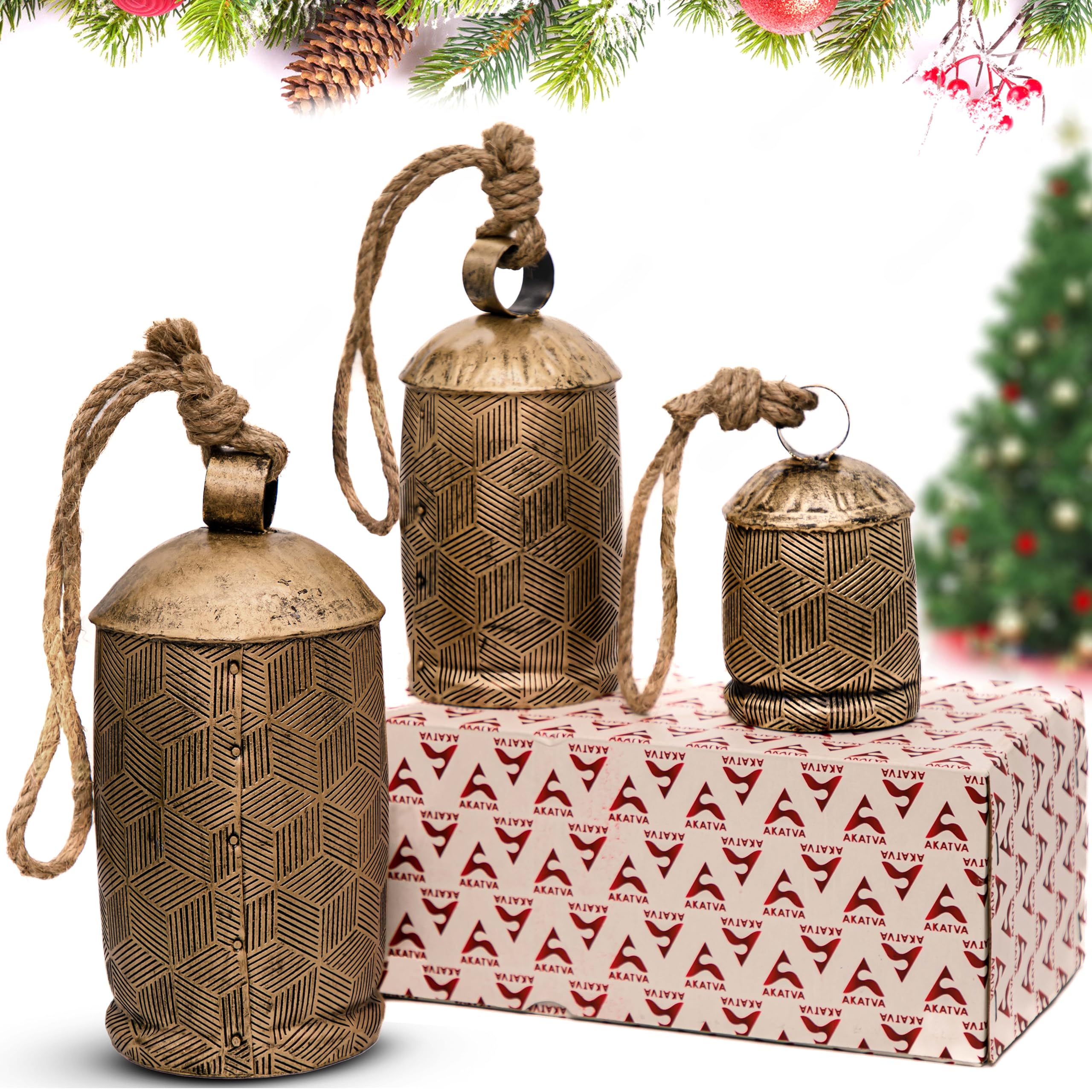 Akatva Large Christmas Bells for Decoration – Cow Bells for Rustic Christmas Decor – Gold Bells for Christmas Decorations – Vintage Bells – Rustic Bells on Rope – Set of 3 Antique Brass Finish