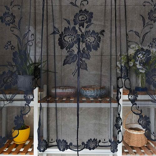 Miniatura 3 de Cenefa de cortina de encaje transparente con bordado floral negro, estilo princesa, estilo princesa, cenefa de cortina bordada en cascada para