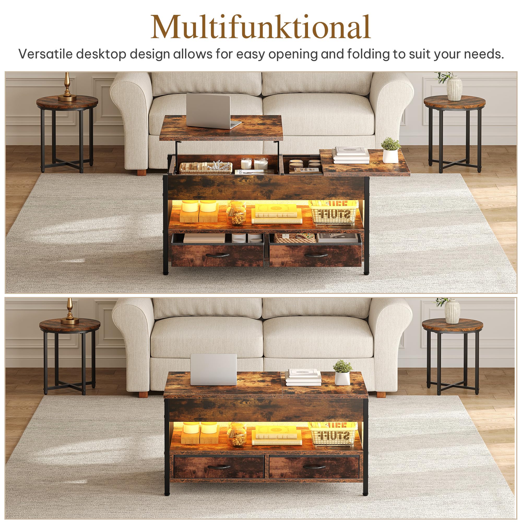 YITAHOME Couchtisch Höhenverstellbar, Wohnzimmertisch mit Verstecktem Ablagefach für für Wohnzimmer, Büro, couchtisch mit stauraum und 2 Schublade und LED-Lichtleiste 106 x50x51,5cm