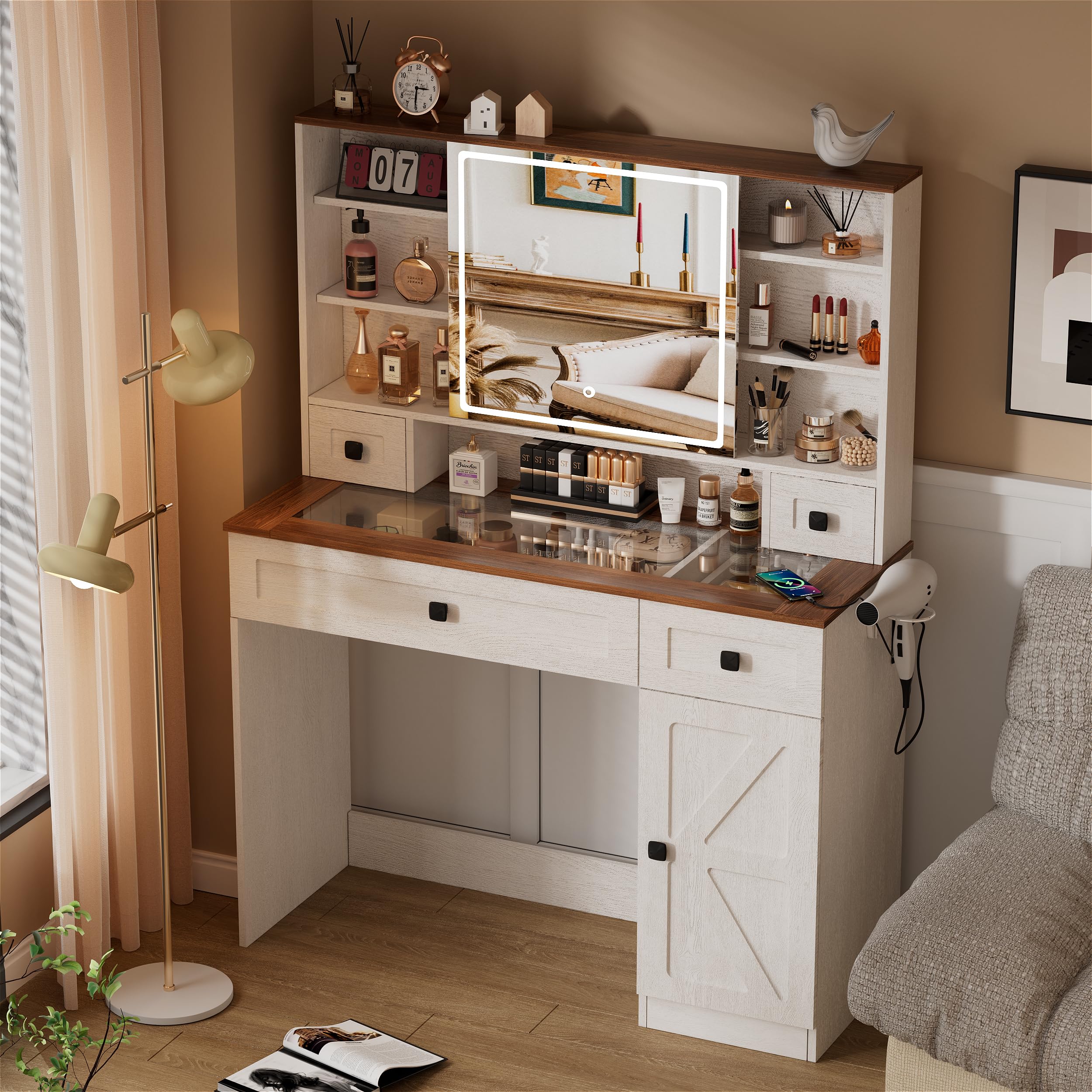 PAKASEPT Vanity Desk with Sliding Mirror and Lights, Glass Tabletop Makeup Vanity with 3 Lighting Modes, White Vanity Table with Power Strip&Hooks, Hidden Shelves, Girls Bedroom Vanities Set