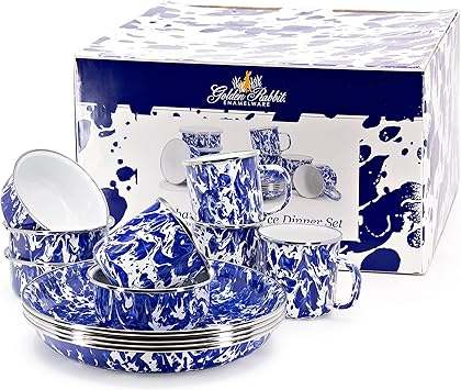 Golden Rabbit Enamelware 12-piece Dinnerware Set, Cobalt Swirl