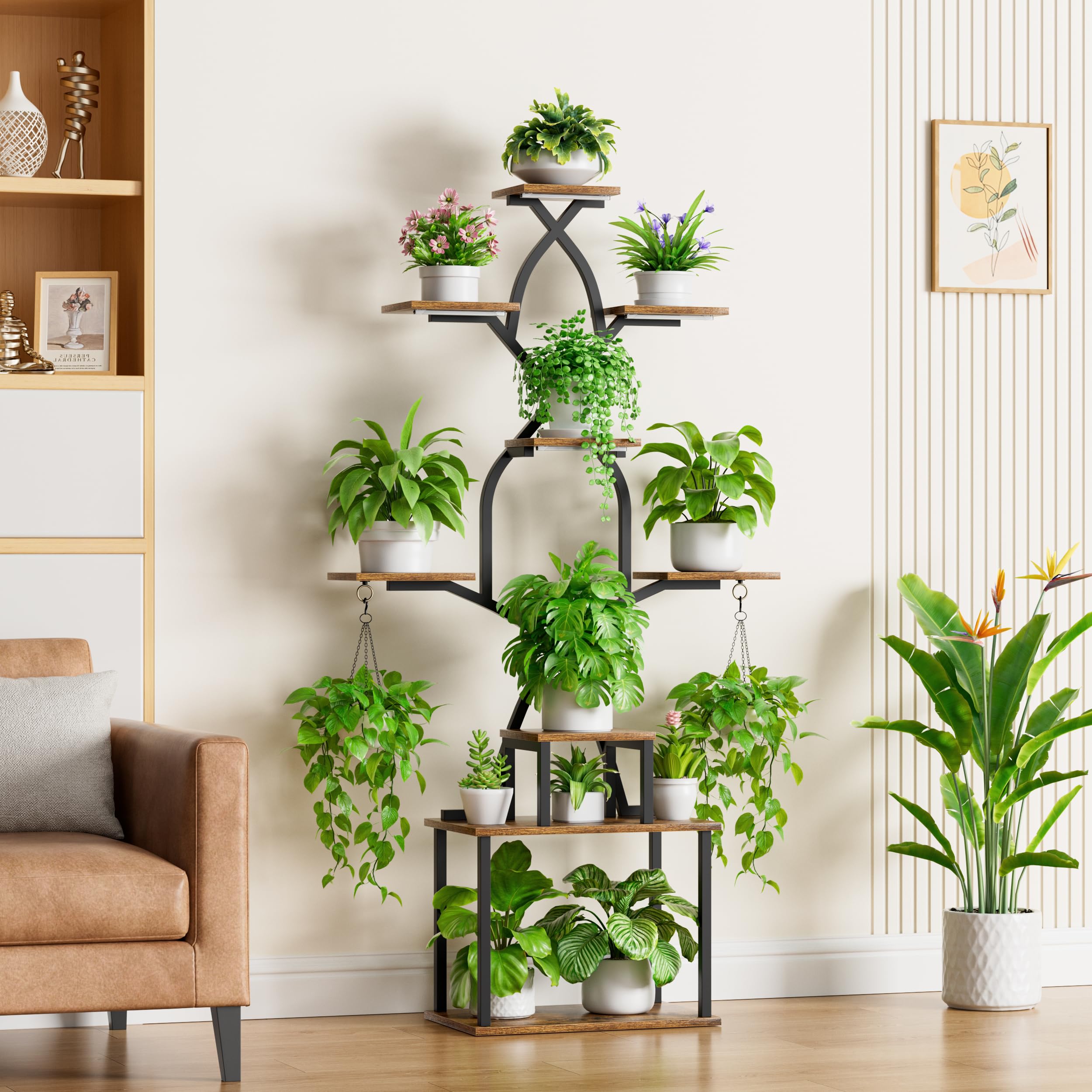 Soporte para plantas de interior con luces de crecimiento, estante de plantas de interior de 7 niveles, soportes de plantas de 64 pulgadas de alto para plantas de interior, estantes de metal 7