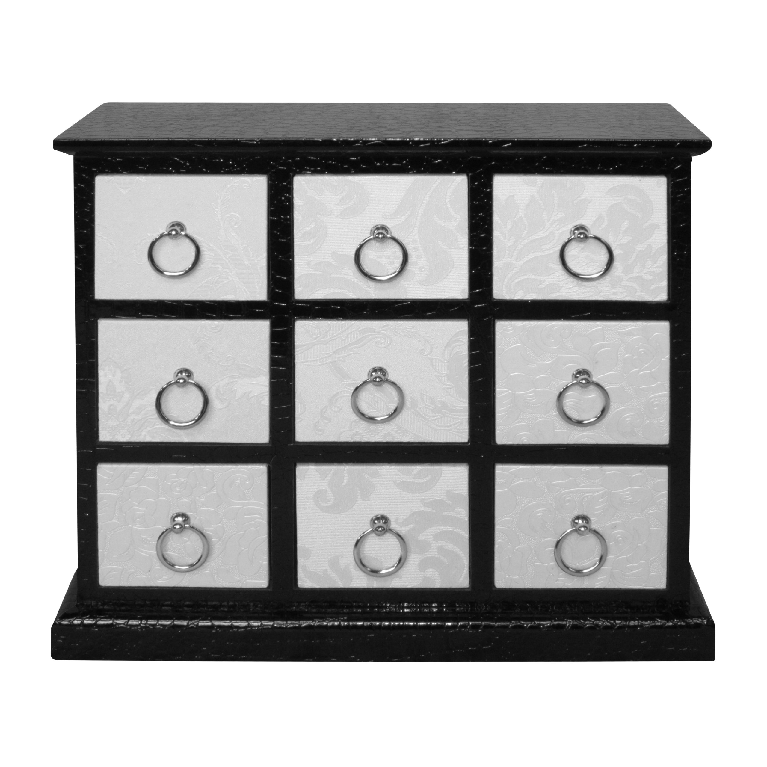 Black Leather Effect 9 Drawer Cabinet - Crocodile Texture - Chrome Handles - Fully Assembled