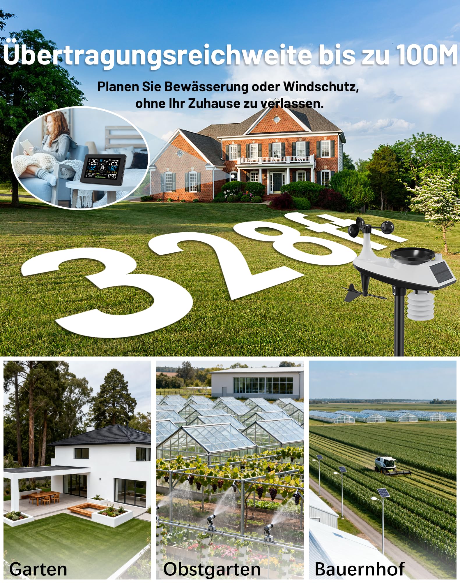 WLAN Wetterstation mit Außensensor, 11-in-1 Profi Funkwetterstation mit Windgeschwindigkeit Windrichtung, Regenmesser, Temperatur, Luftfeuchtigkeit, Luftdruck, Wettervorhersage, UV-Index, Alarm