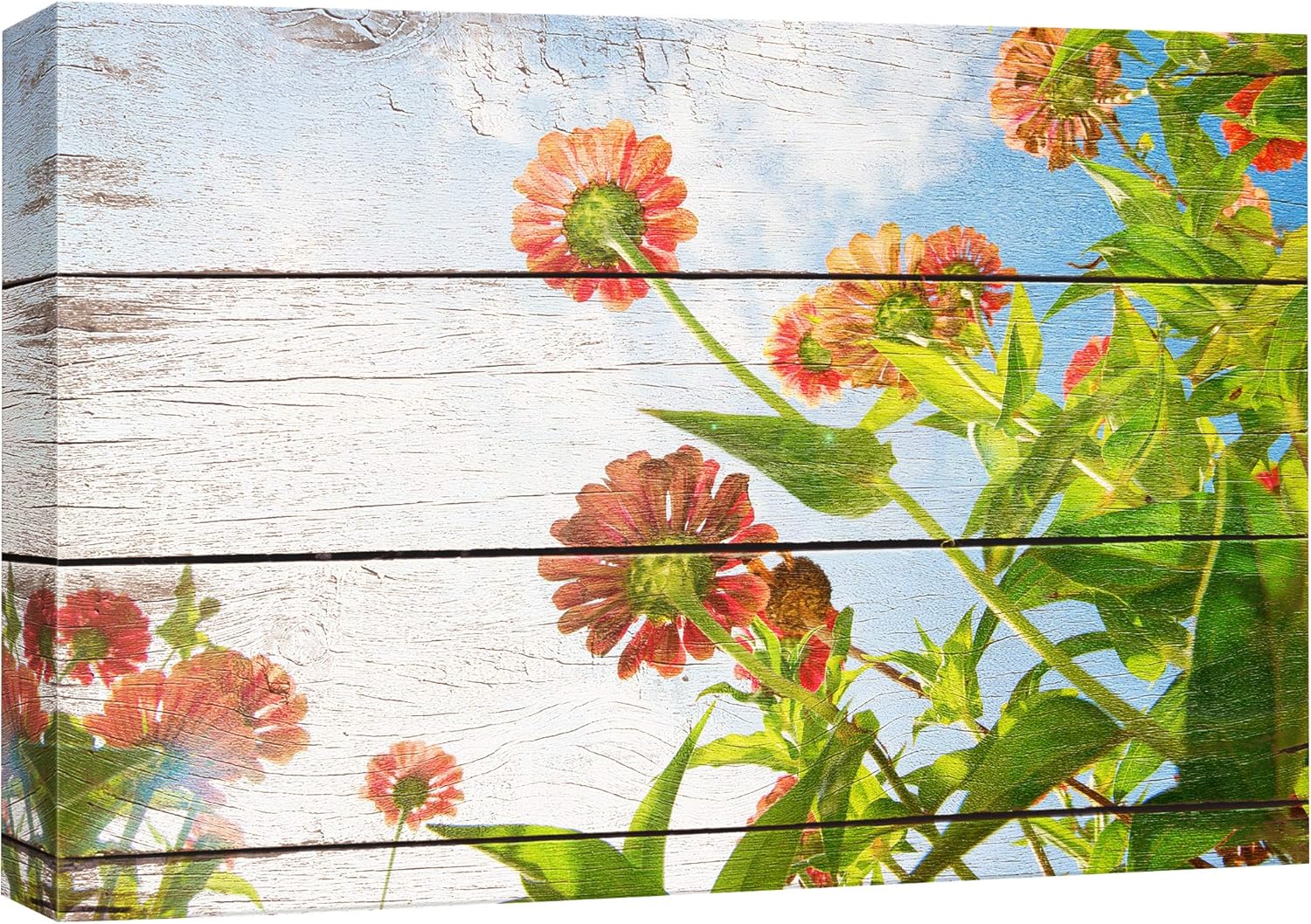 wall26 Two Flowers Posed in a Clear Glass Vase - Rustic Floral Arrangements - Pastels Colorful Beautiful - Wood Grain Antique - Canvas Art Home Art - 12x18 inches