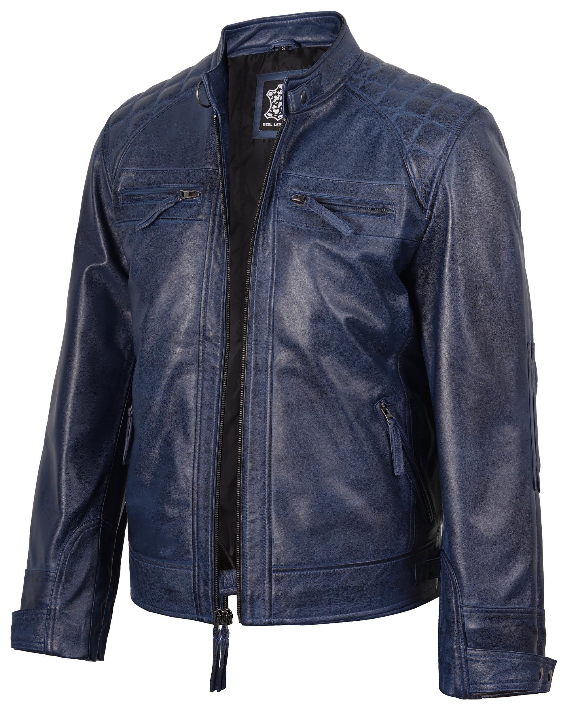 fjackets Mens Leather Jacket Moto Style Real Lambskin Leather Jacket, Quilted Cafe Racer Classic Zip Up Biker Jacket for Men