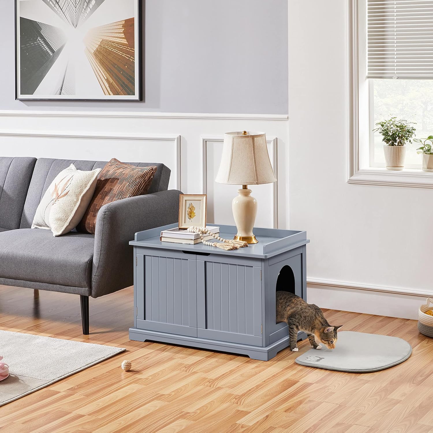 Cat Litter Box House Cabinet with MDF Wood Minimalist Double Doors with Side Access Ventilation Holes 75.5 x 51 x 52.5 cm Grey