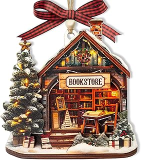 Vintage Bookstore Christmas Ornament, 3D Layered Wooden Book Ornaments Holiday Decor, Cozy Bookshop Tree Ornament, Gifts for Book Lovers, Librarians, Teachers, Reading Nook Decorations