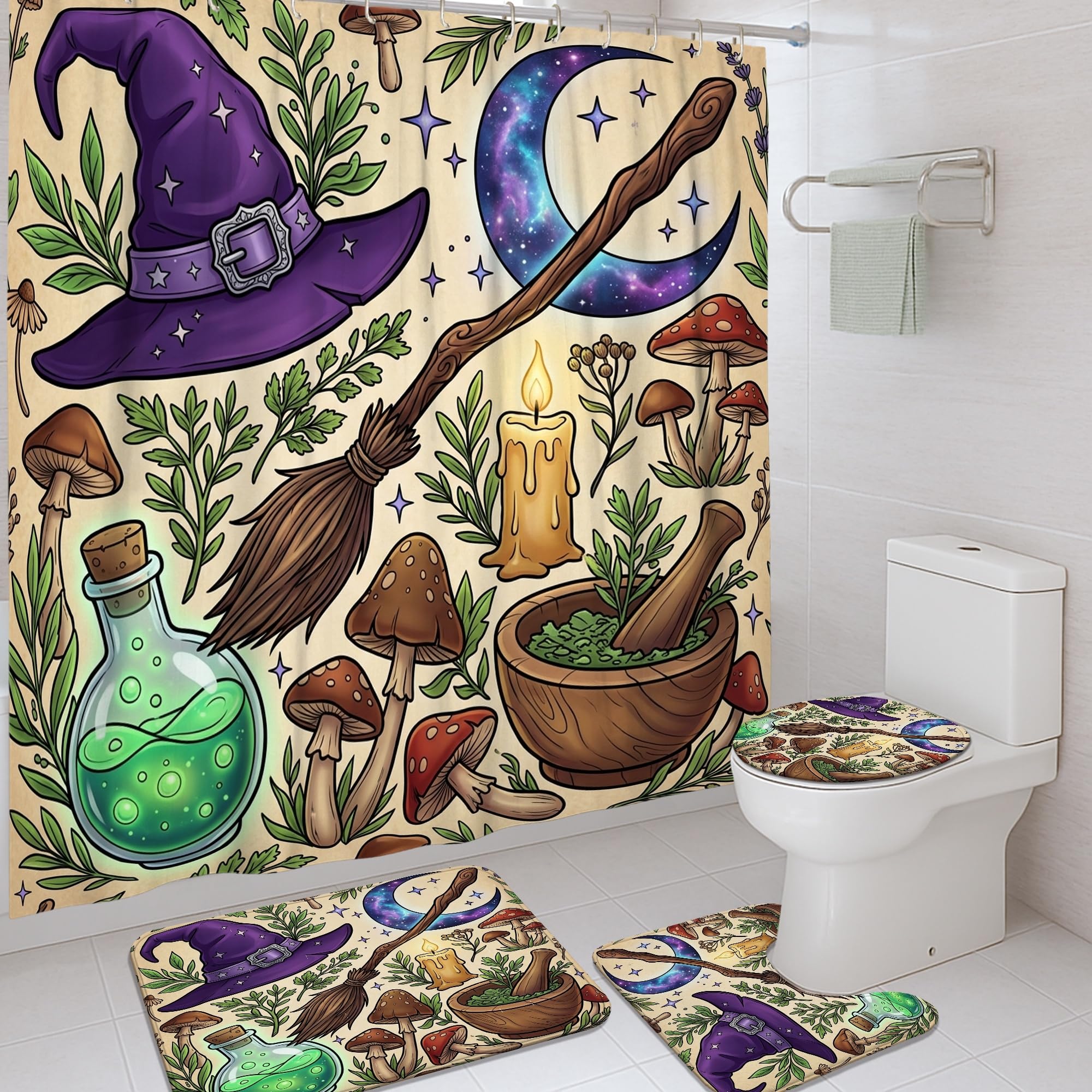 Rideau de douche en tissu imperméable Halloween violet avec tapis de bain 183 cm