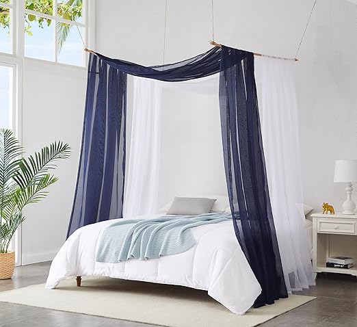 Warm Home Designs Set of 2 White & Navy Blue Canopy Bed Curtains in 55 x 104 Inch Size. 2 Twin Bed Canopy Curtains Can Be Turned Into Kids Bed Tent or Bed Canopy for Girls. BE White & Navy 104"
