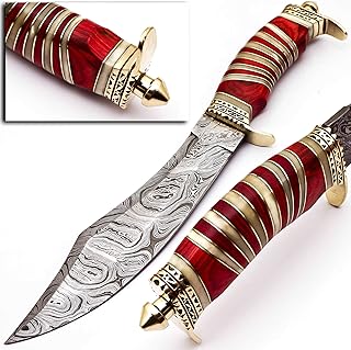 Custom Hand Made Damascus Steel Hunting Bowie Knife Handle Camel Bone (Red) - Skokie Knives