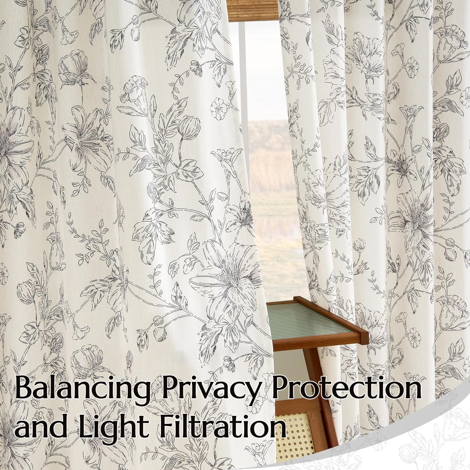 Black Pinch Pleated Floral Linen Curtains for Living Room 84 Inches Length Peony Flower Printed Patterned Curtain Farmhouse Vintage Country Light Filtering Pinch Pleat Drapes for Bedroom Dining Room