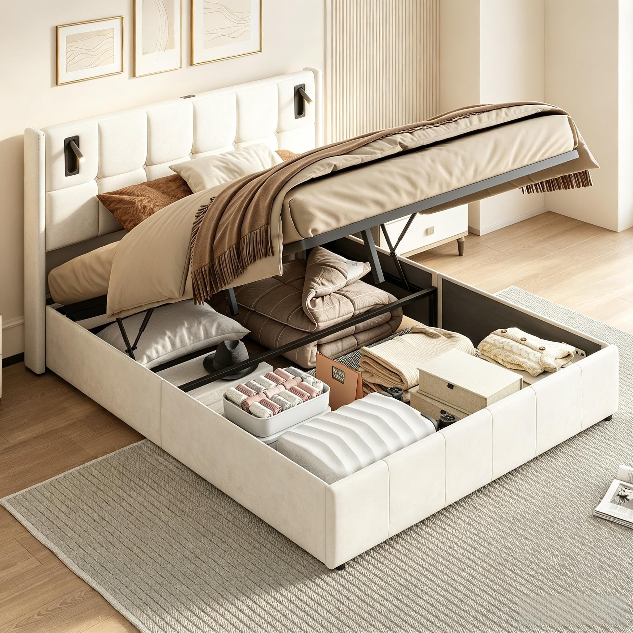 PerGar Cama Tapizada 160x200 con Almacenaje, Camas Matrimoniales con Espacio de Almacenaje Hidráulica y lámpara de Lectura, Canape 160x200 Camas Adultos con Somier, Franela, Beige, sin colchón
