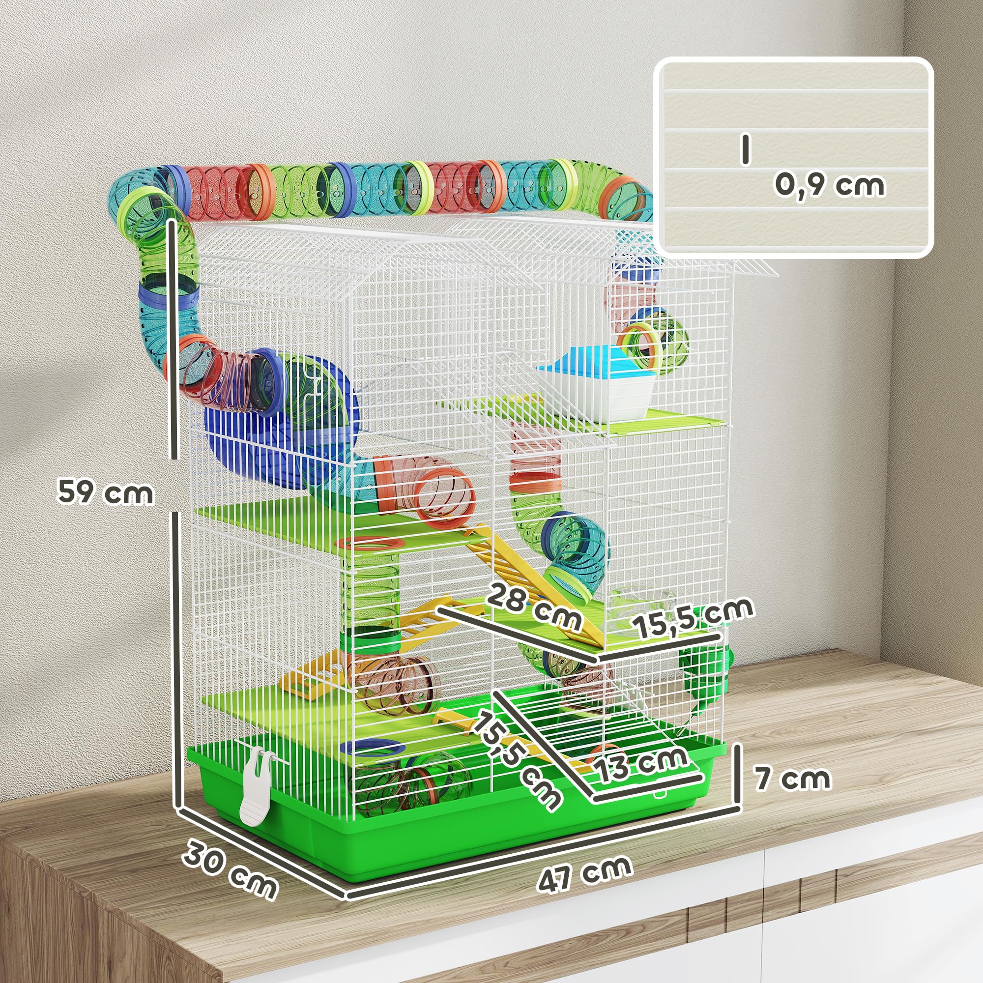 PawHut Cage pour Hamster Souris Petit Animaux Rongeur avec Tunnel Mangeoire Roue Jouet 47 x 30 x 59 cm Vert