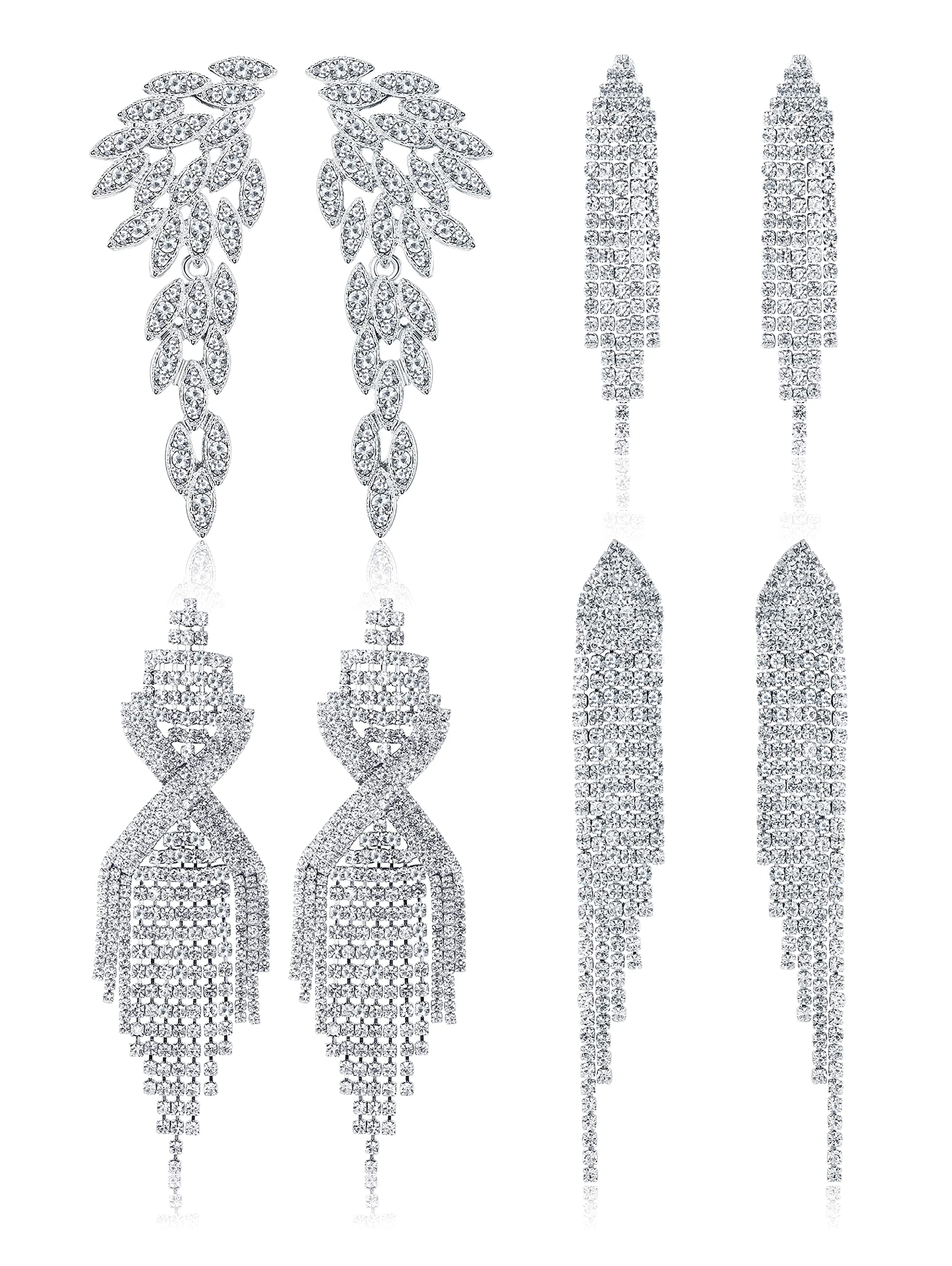 Diamday 4 pares de pendientes colgantes con clip para mujer, con diamantes de imitación, con flecos, alas de ángel, brillantes, para novias, damas de honor, bodas, bailes, joyas, no perforados