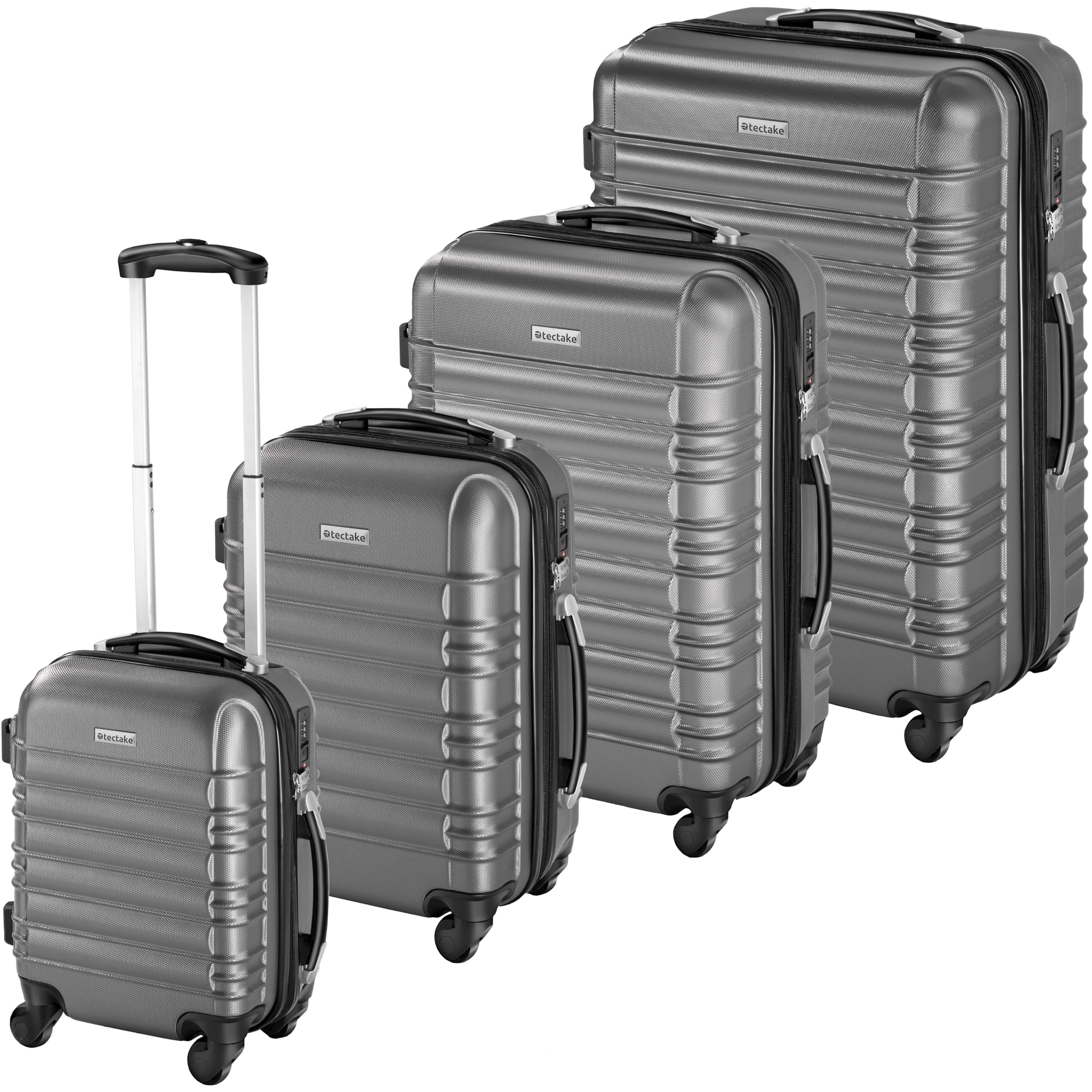 tectake® 4 TLG Reisekoffer Set, TSA Zahlenschloss, Hartschalenkoffer Set, Trolley Kofferset, ABS Hartschalen Reisekofferset, Trolley, Gepäck, 4 Rollen, 360 Grad drehbar, Teleskopgriff - grau