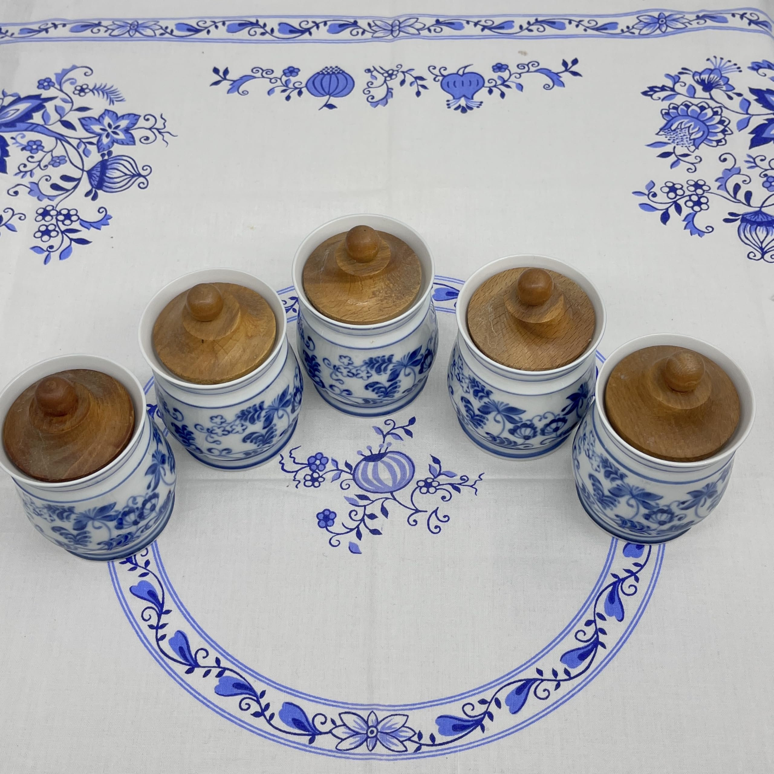 Generisch Antikes Porzellan Gewürzdosen Set 5-teilig Handarbeit Vintage mit Holzdeckel